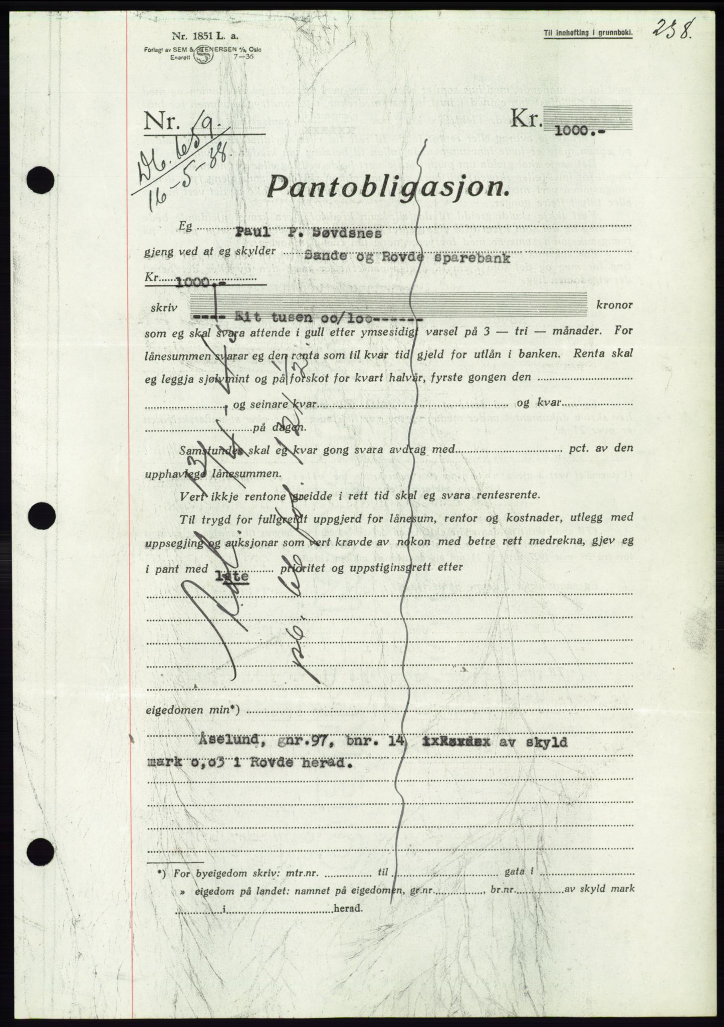 Søre Sunnmøre sorenskriveri, AV/SAT-A-4122/1/2/2C/L0065: Mortgage book no. 59, 1938-1938, Diary no: : 659/1938