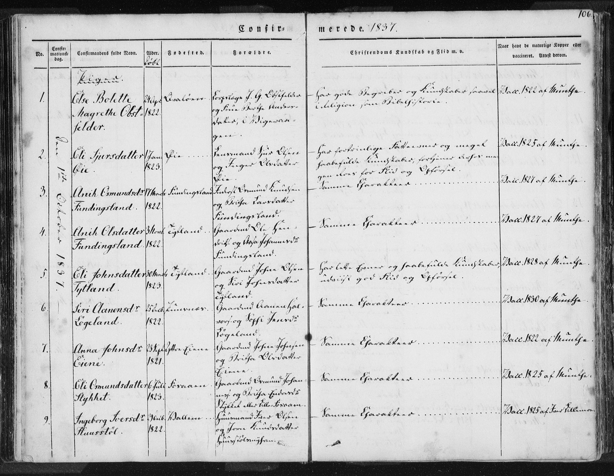 Hjelmeland sokneprestkontor, AV/SAST-A-101843/01/IV/L0006: Parish register (official) no. A 6, 1834-1845, p. 106