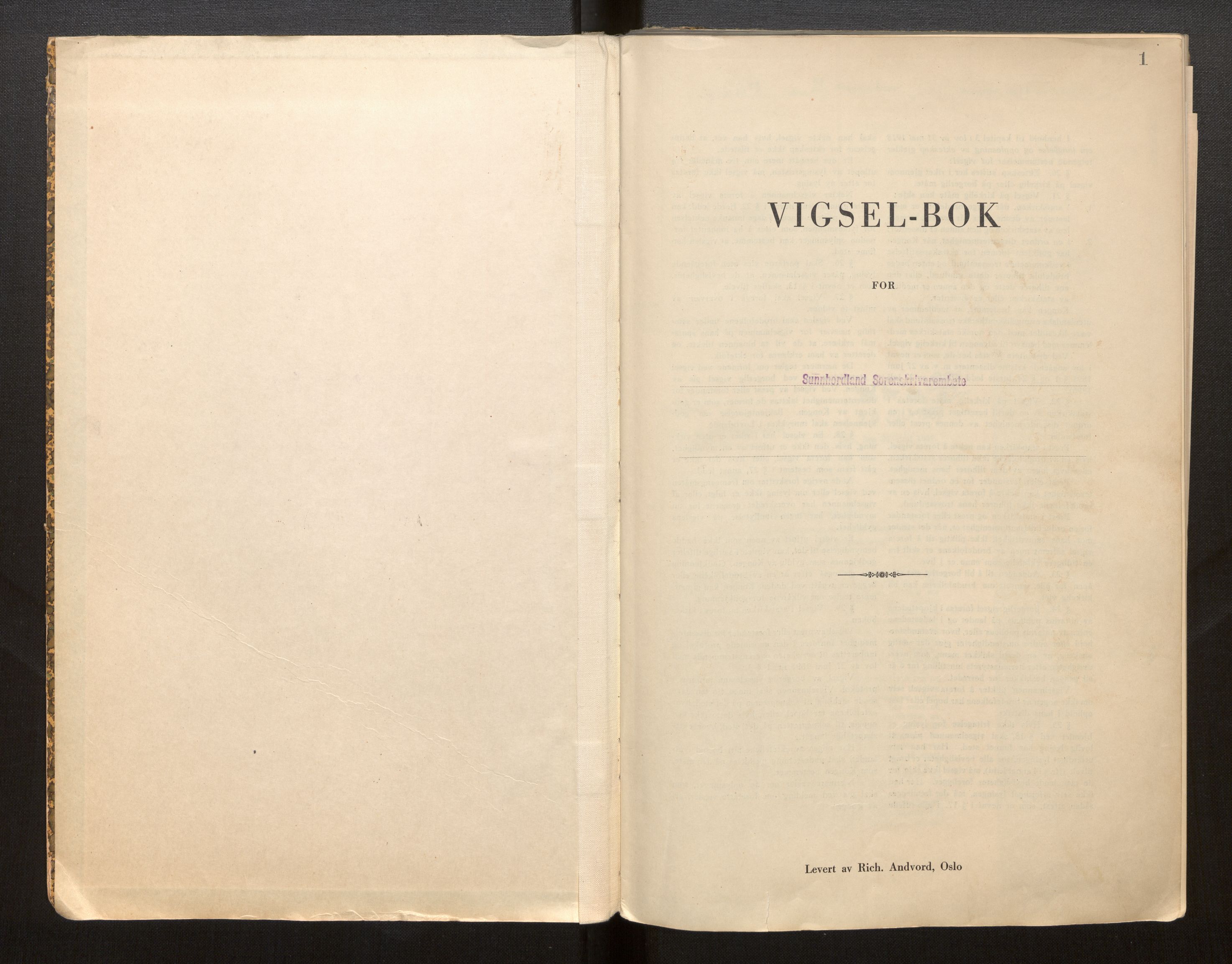 Sunnhordland sorenskrivar, SAB/A-2401/2/I/Ia/L0002: Vigselsbok, 1943-1969, p. 1a