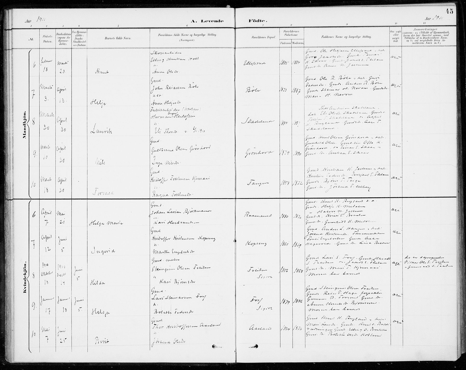 Sigdal kirkebøker, AV/SAKO-A-245/F/Fc/L0002: Parish register (official) no. III 2, 1894-1911, p. 45