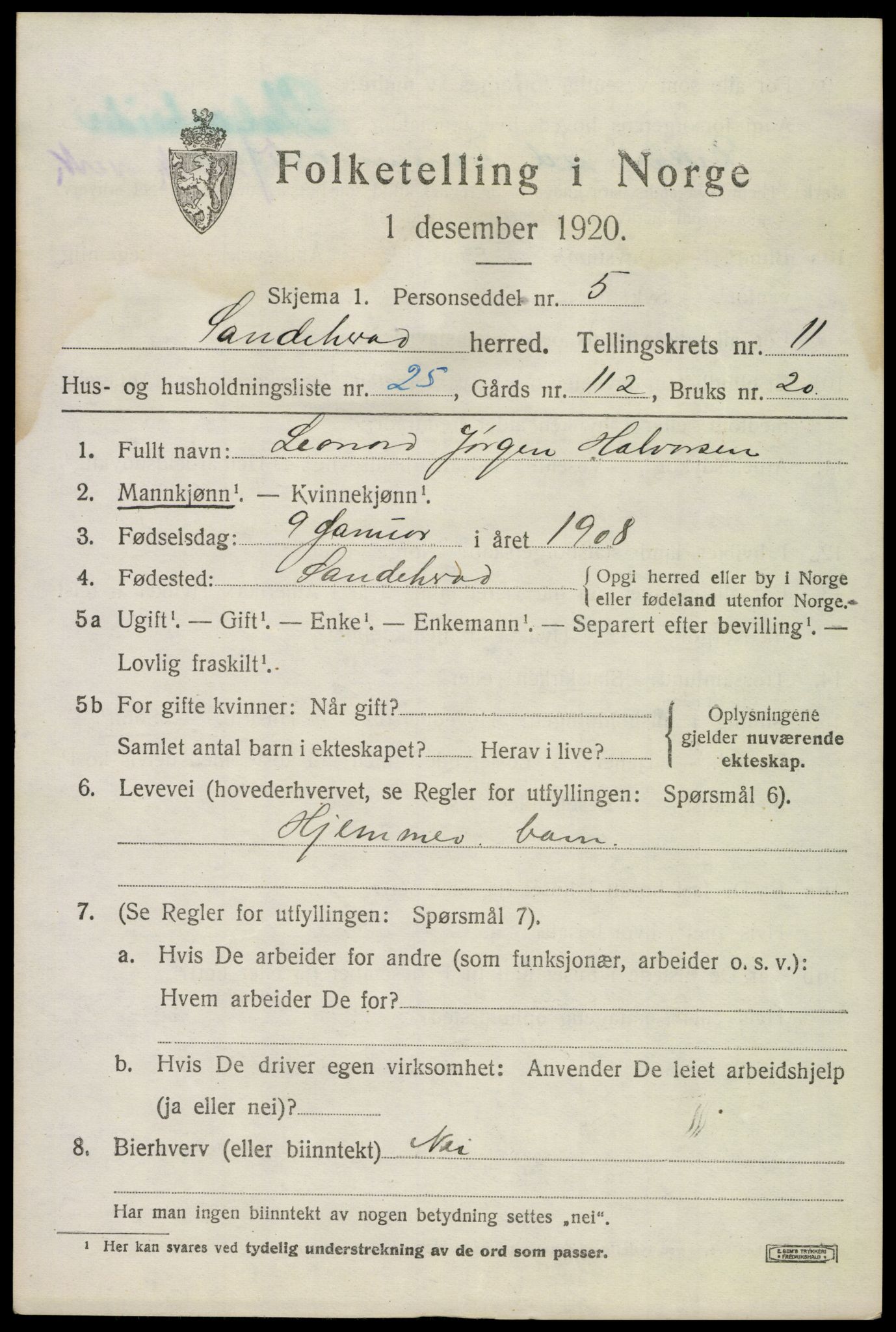 SAKO, 1920 census for Sandeherred, 1920, p. 15908