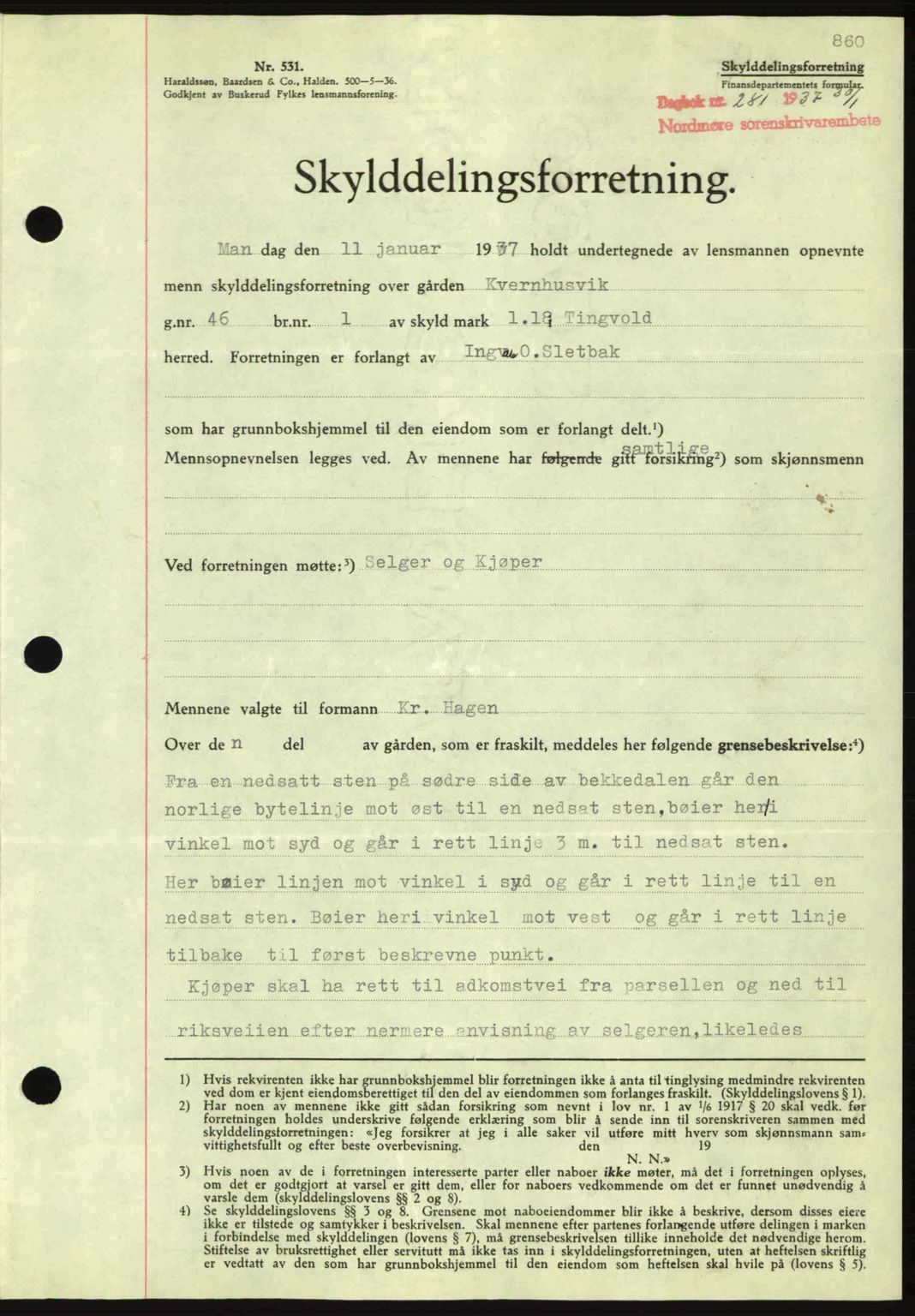 Nordmøre sorenskriveri, AV/SAT-A-4132/1/2/2Ca: Mortgage book no. A80, 1936-1937, Diary no: : 281/1937