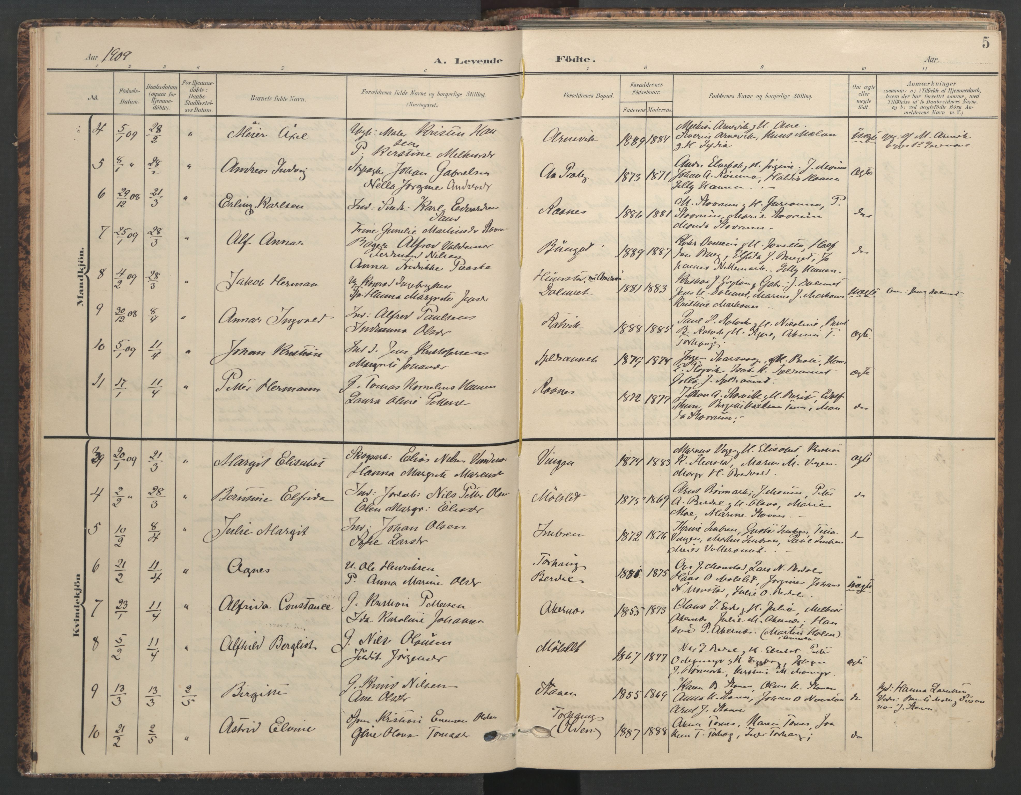 Ministerialprotokoller, klokkerbøker og fødselsregistre - Sør-Trøndelag, SAT/A-1456/655/L0682: Parish register (official) no. 655A11, 1908-1922, p. 5