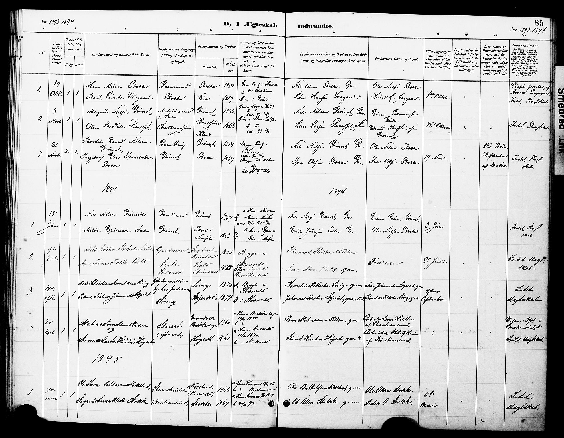 Ministerialprotokoller, klokkerbøker og fødselsregistre - Møre og Romsdal, SAT/A-1454/585/L0973: Parish register (copy) no. 585C01, 1893-1930, p. 85