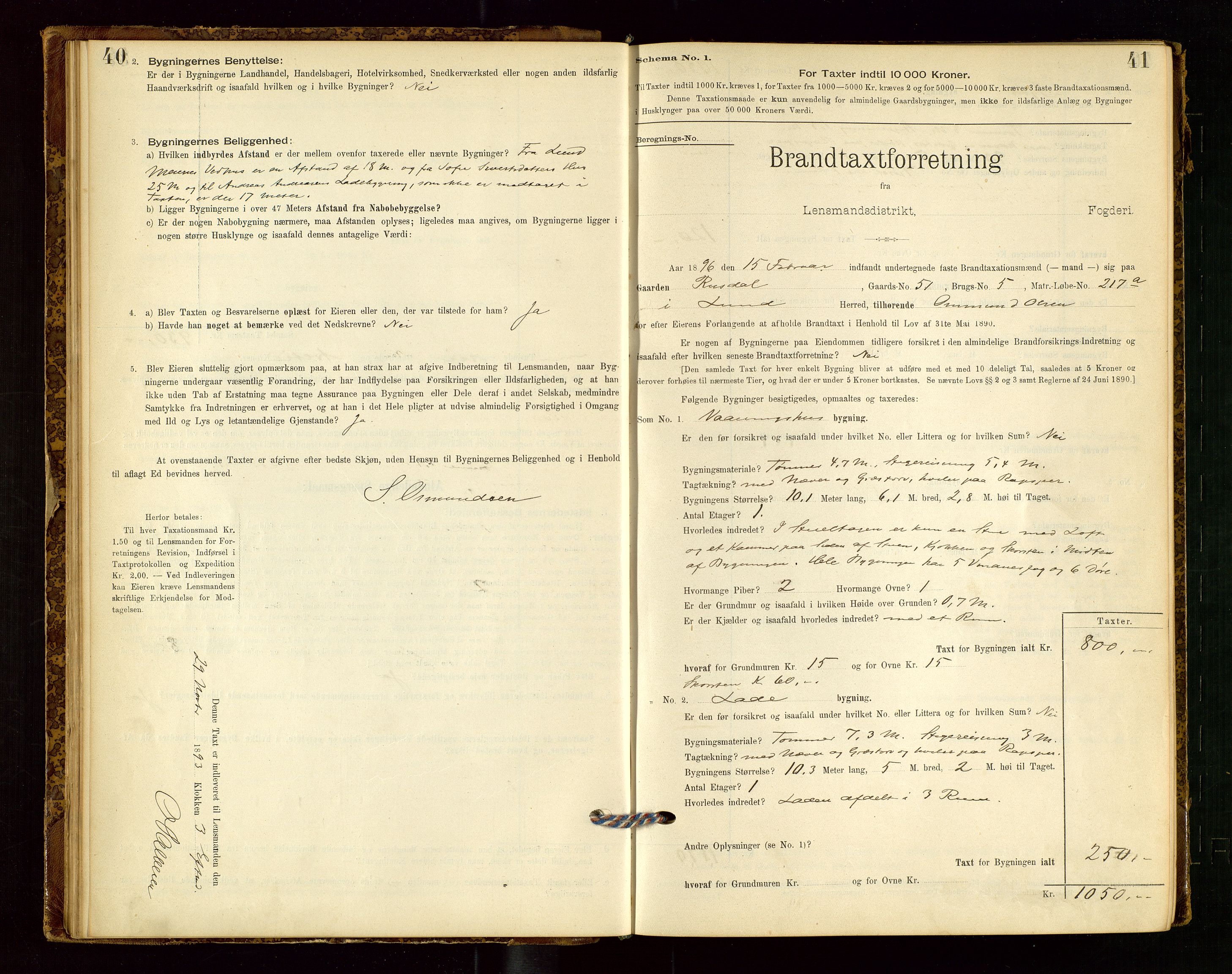 Lund lensmannskontor, AV/SAST-A-100303/Gob/L0001: "Brandtakstprotokol", 1894-1907, p. 40-41