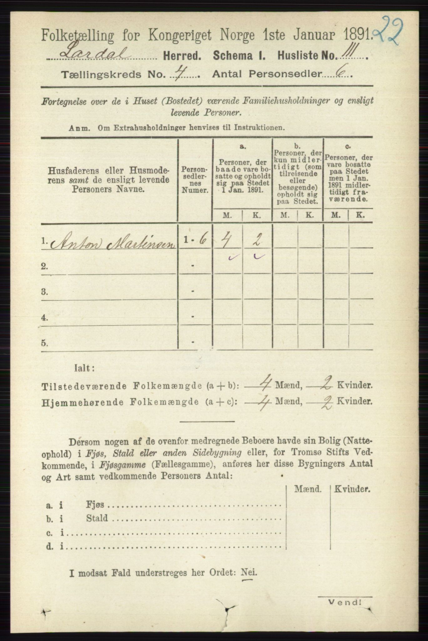 RA, 1891 census for 0728 Lardal, 1891, p. 1961