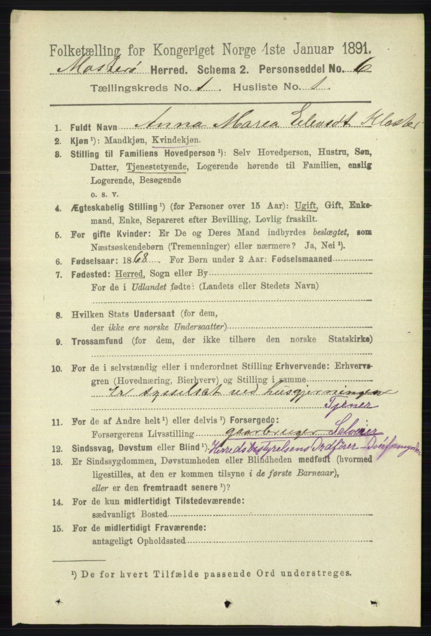 RA, 1891 census for 1143 Mosterøy, 1891, p. 106