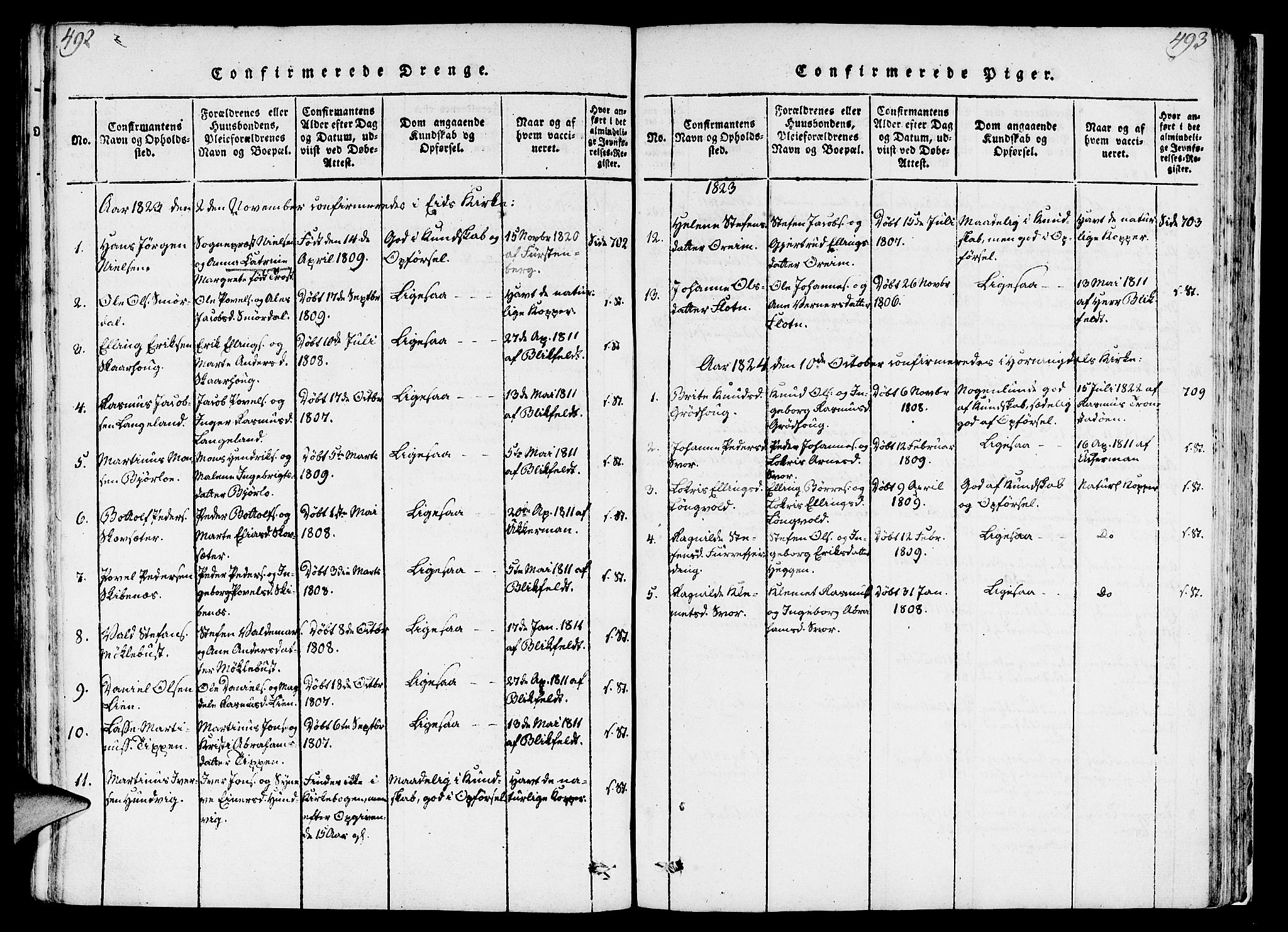 Eid sokneprestembete, AV/SAB-A-82301/H/Haa/Haaa/L0005: Parish register (official) no. A 5, 1816-1830, p. 492-493