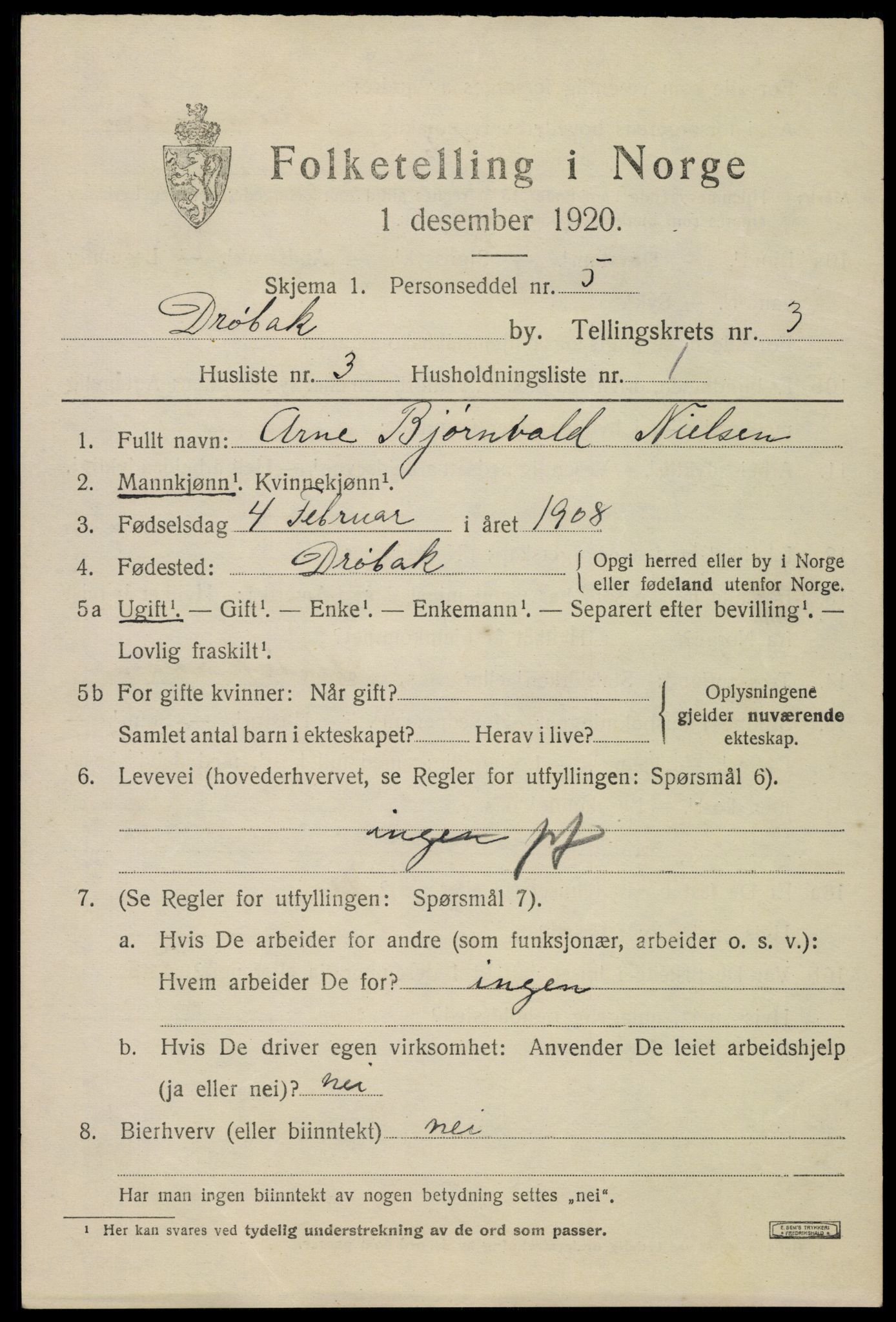 SAO, 1920 census for Drøbak, 1920, p. 3411