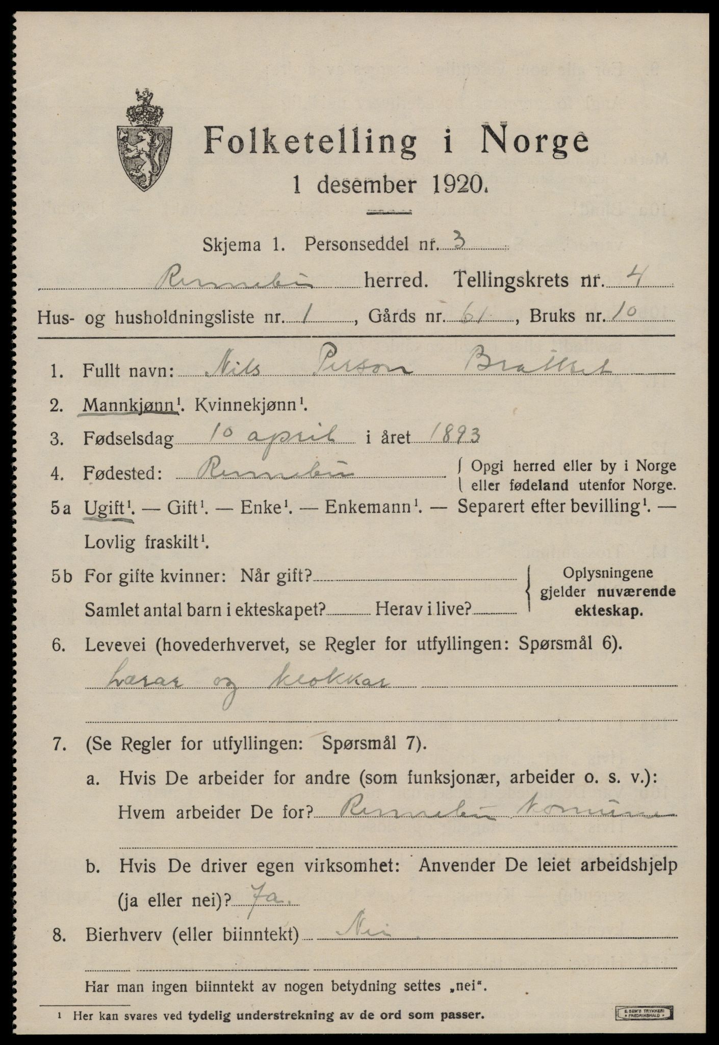 SAT, 1920 census for Rennebu, 1920, p. 2534