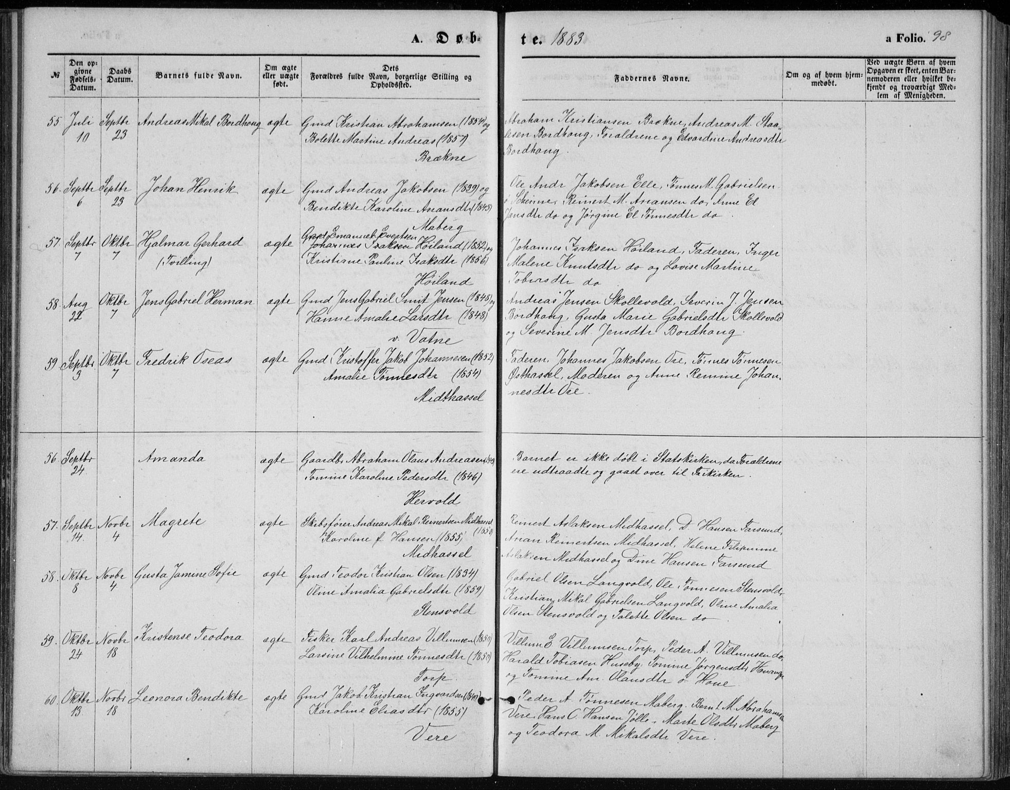 Lista sokneprestkontor, AV/SAK-1111-0027/F/Fb/L0004: Parish register (copy) no. B 4, 1877-1891, p. 98