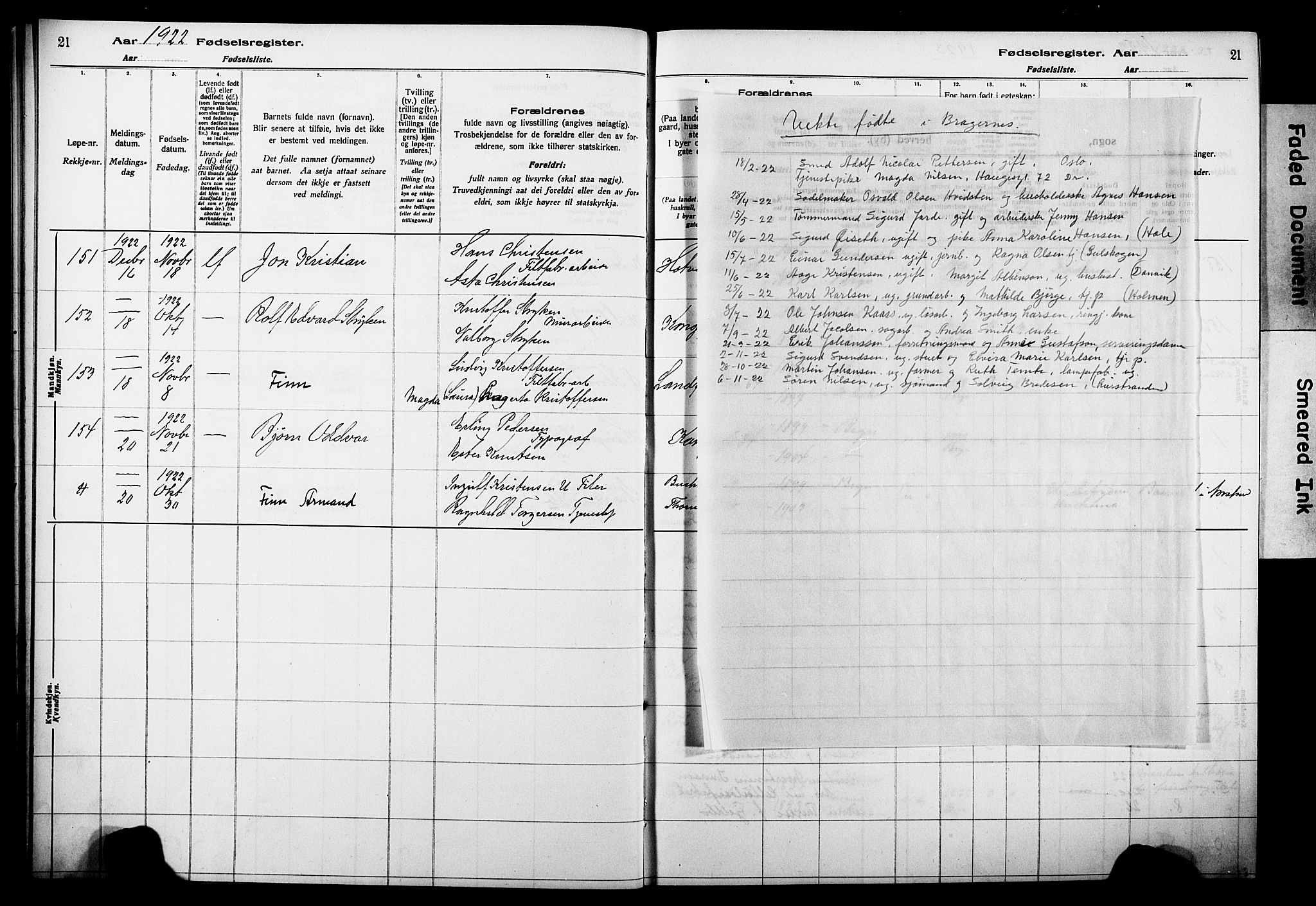 Bragernes kirkebøker, AV/SAKO-A-6/J/Ja/L0002: Birth register no. 2, 1922-1930, p. 21