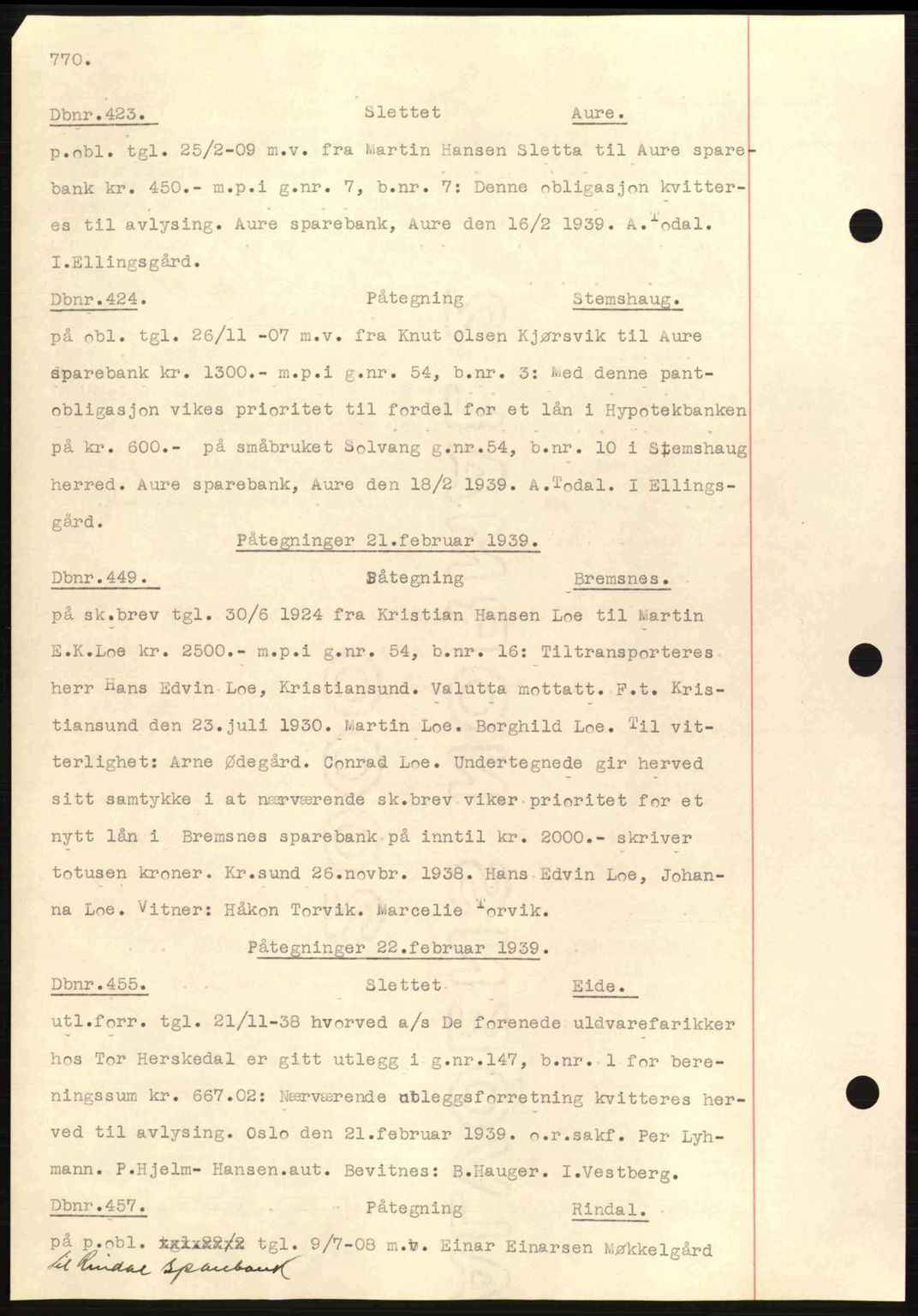 Nordmøre sorenskriveri, AV/SAT-A-4132/1/2/2Ca: Mortgage book no. C80, 1936-1939, Diary no: : 423/1939