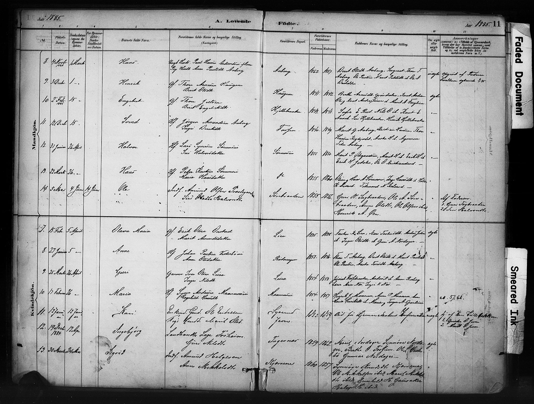 Nord-Aurdal prestekontor, SAH/PREST-132/H/Ha/Haa/L0013: Parish register (official) no. 13, 1883-1895, p. 11