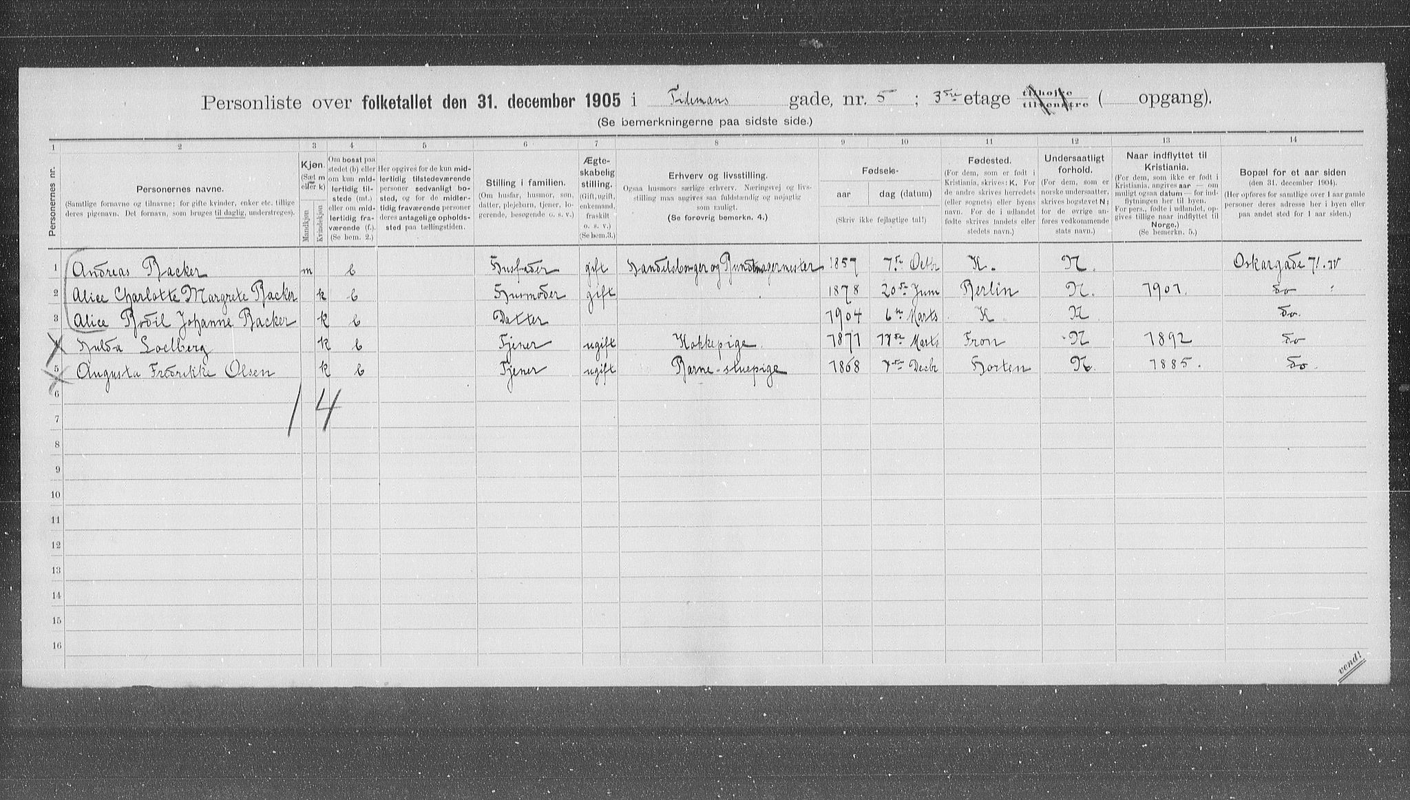 OBA, Municipal Census 1905 for Kristiania, 1905, p. 58341