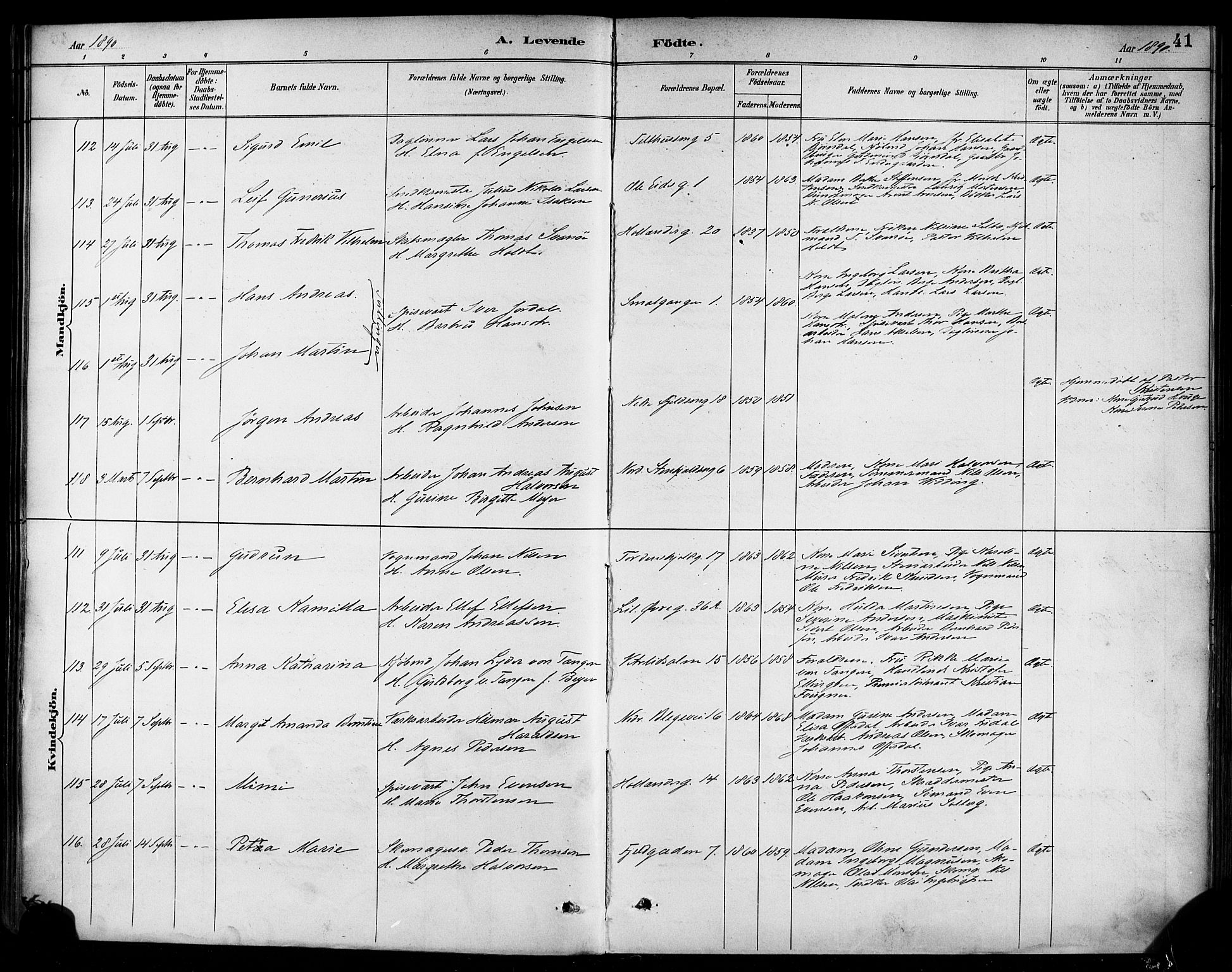 Korskirken sokneprestembete, SAB/A-76101/H/Haa/L0022: Parish register (official) no. B 8, 1889-1899, p. 41