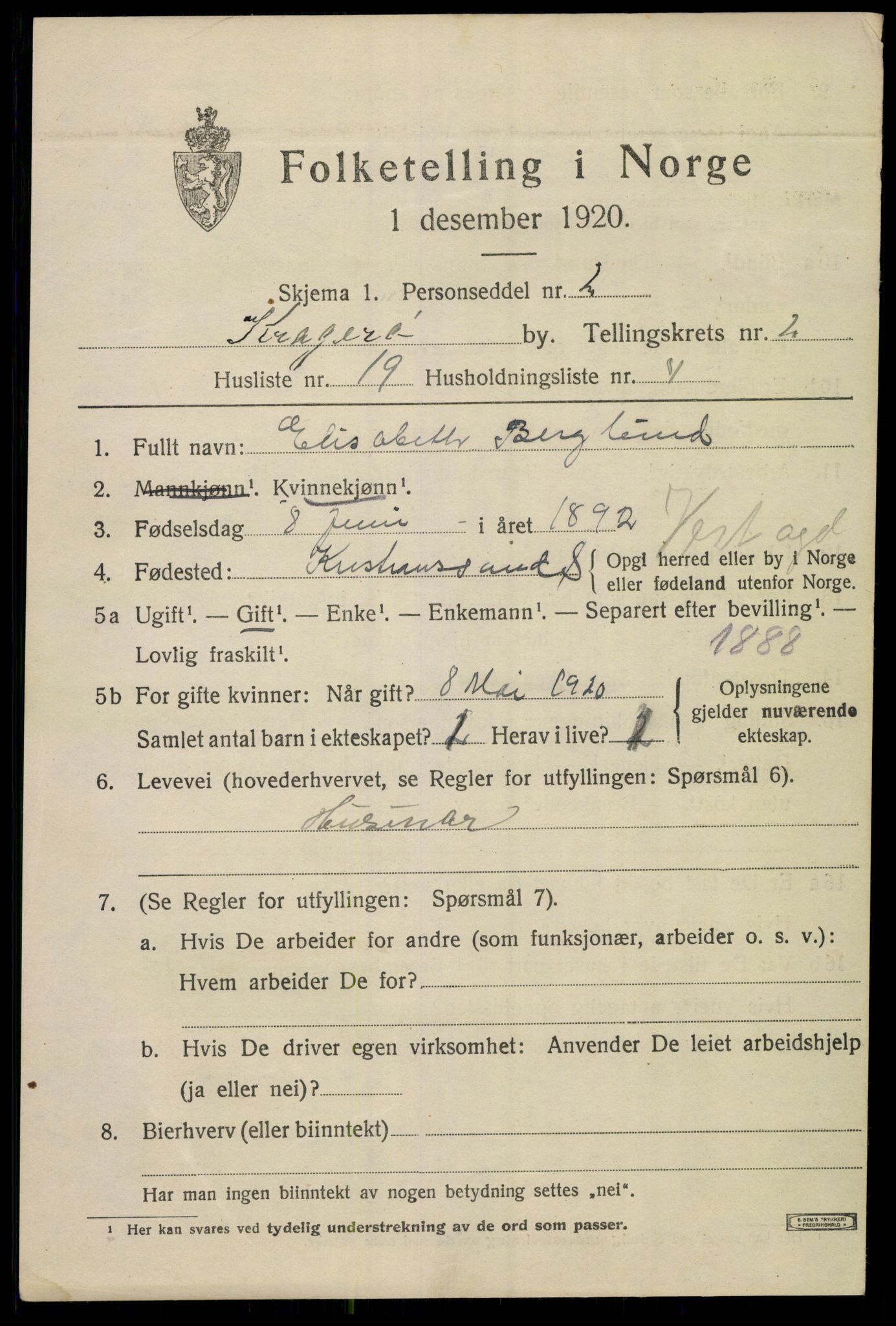 SAKO, 1920 census for Kragerø, 1920, p. 5583