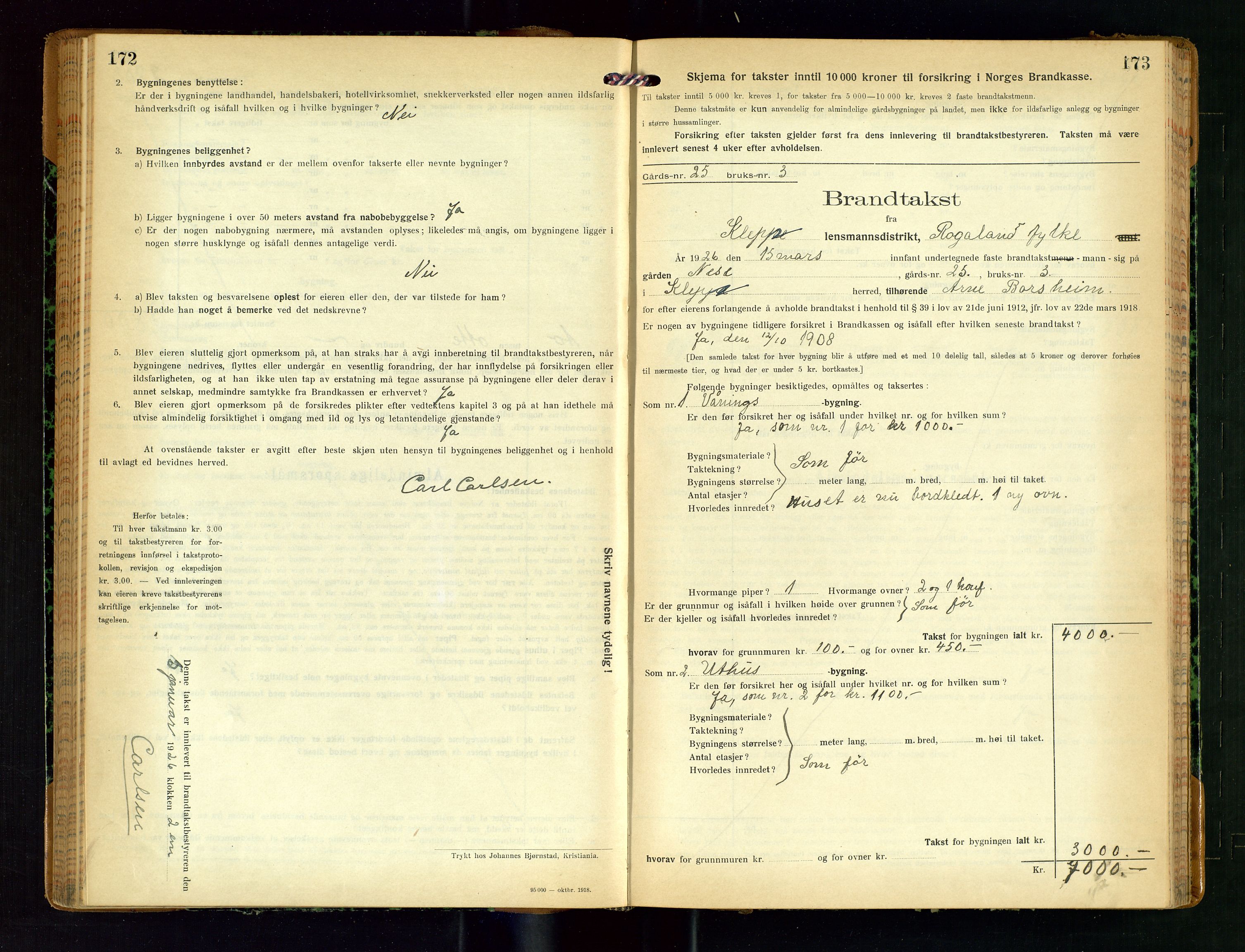 Klepp lensmannskontor, SAST/A-100163/Goc/L0011: "Brandtakstprotokoll" m/register, 1924-1929, p. 172-173