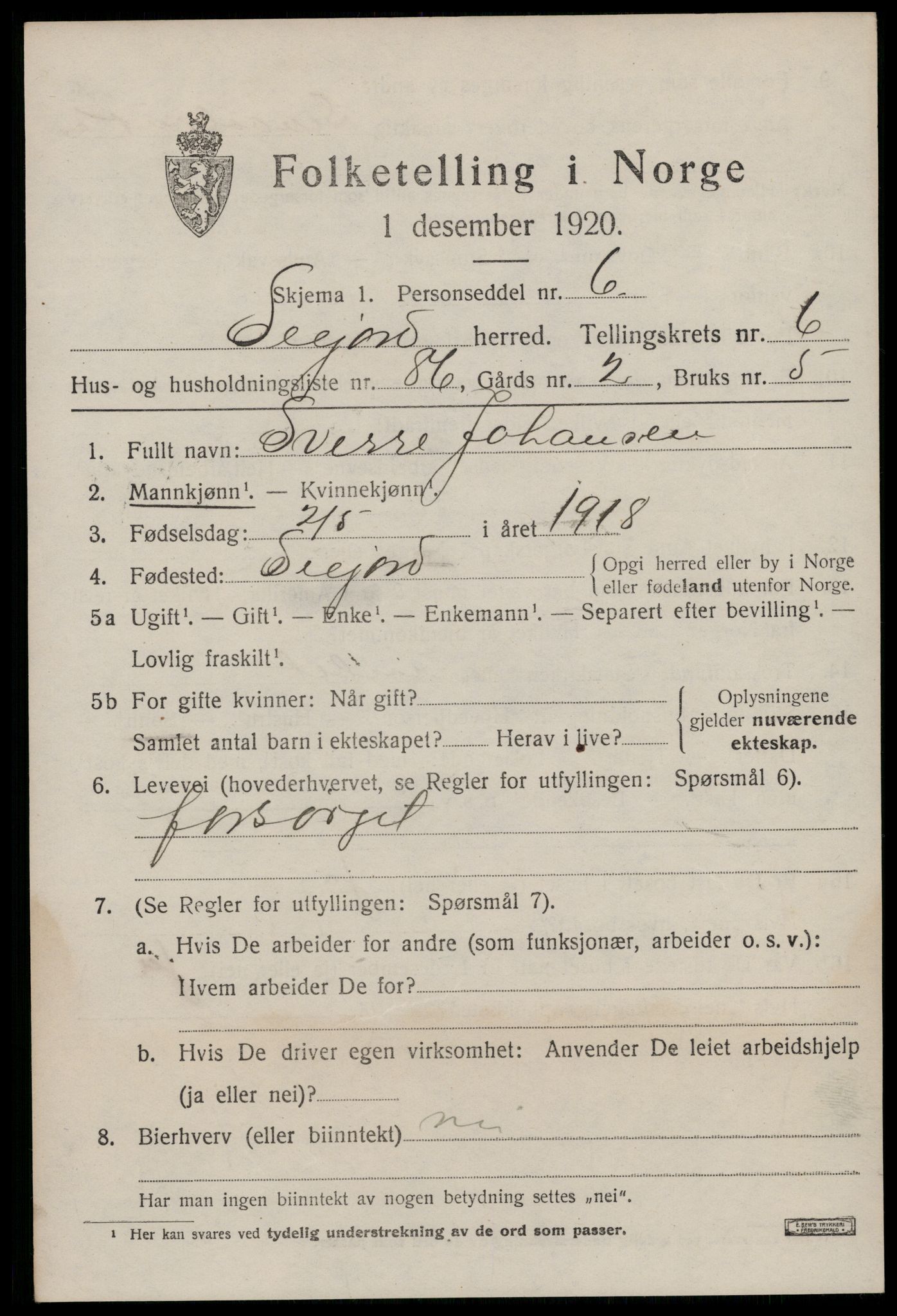 SAKO, 1920 census for Seljord, 1920, p. 3670