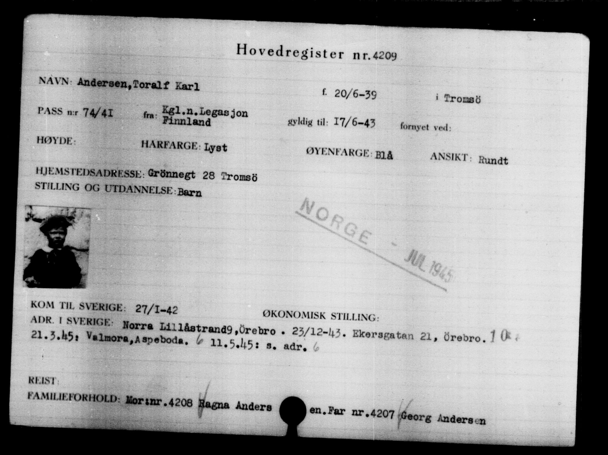 Utenriksstasjonene, Legasjonen i Stockholm, Flyktningkontoret, AV/RA-S-6753/V/Va/L0004: Kjesäterkartoteket, flyktninger med registreringsnr. 3496-6610, 1940-1945, p. 864