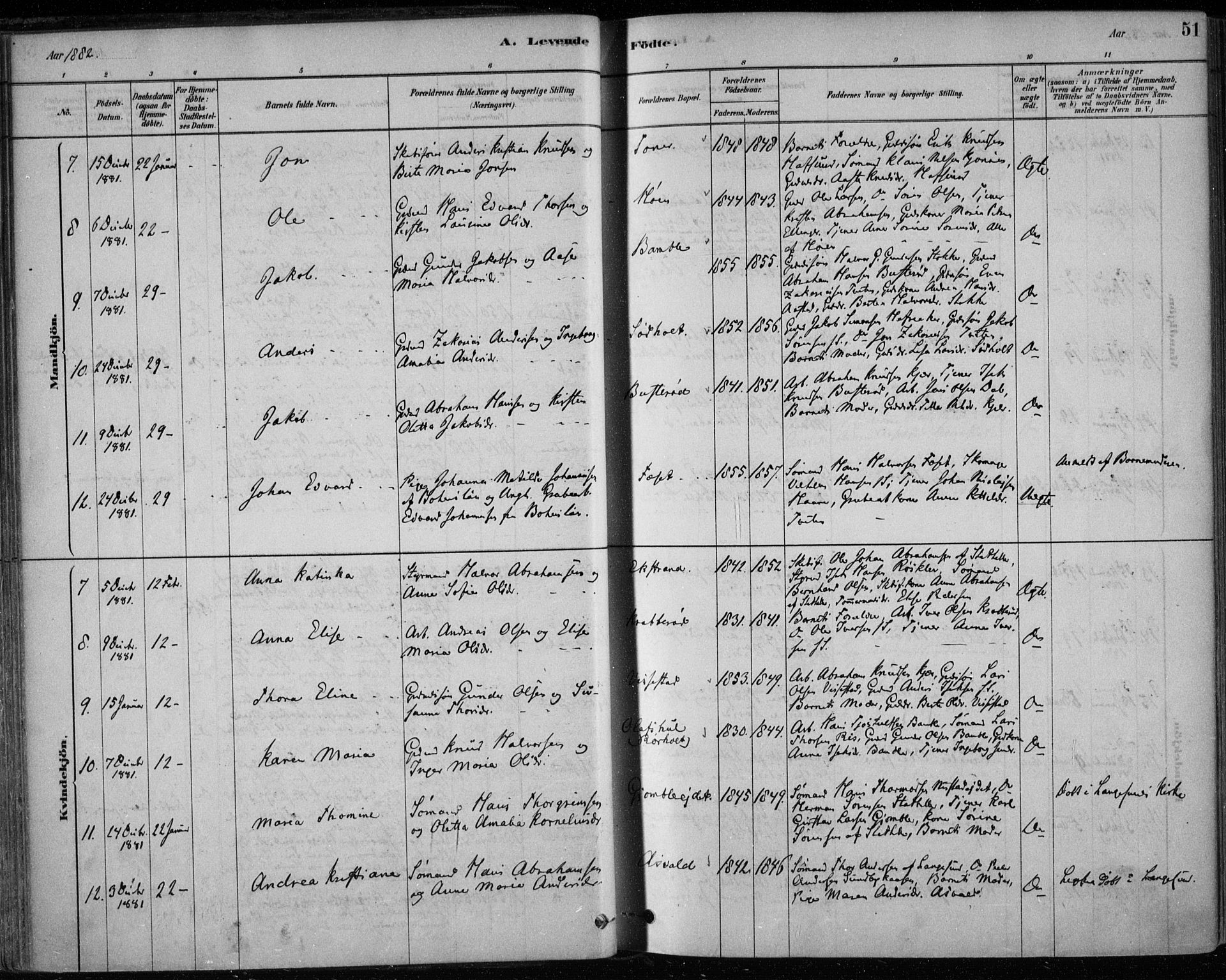 Bamble kirkebøker, SAKO/A-253/F/Fa/L0007: Parish register (official) no. I 7, 1878-1888, p. 51