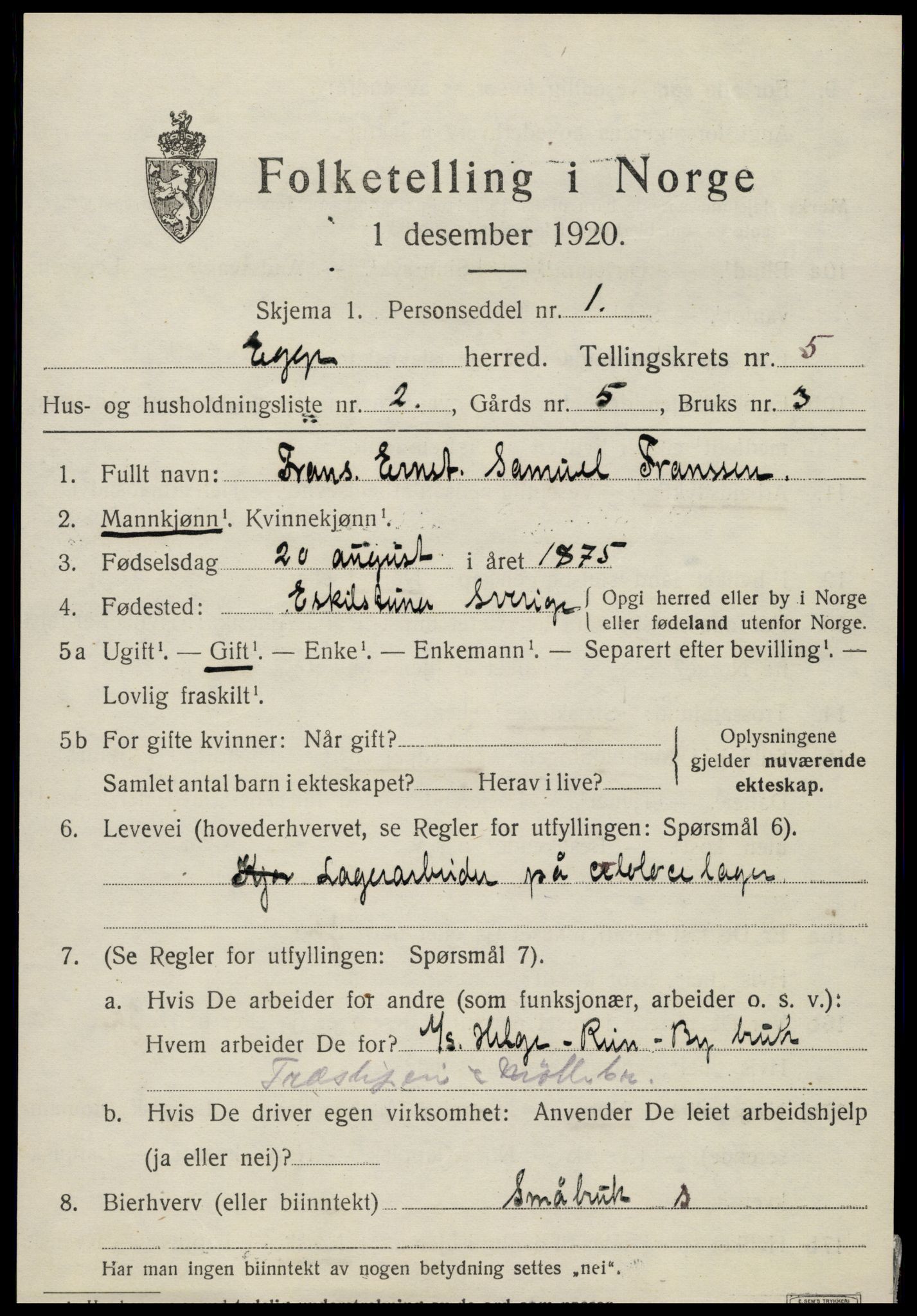 SAT, 1920 census for Egge, 1920, p. 3356