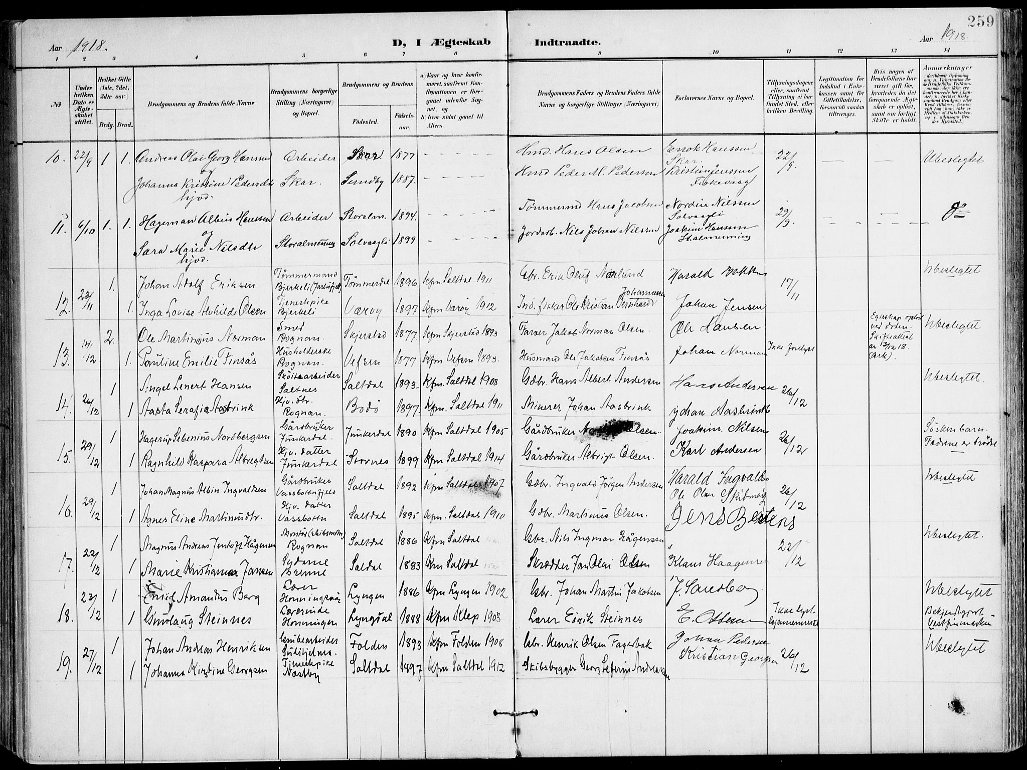 Ministerialprotokoller, klokkerbøker og fødselsregistre - Nordland, AV/SAT-A-1459/847/L0672: Parish register (official) no. 847A12, 1902-1919, p. 259