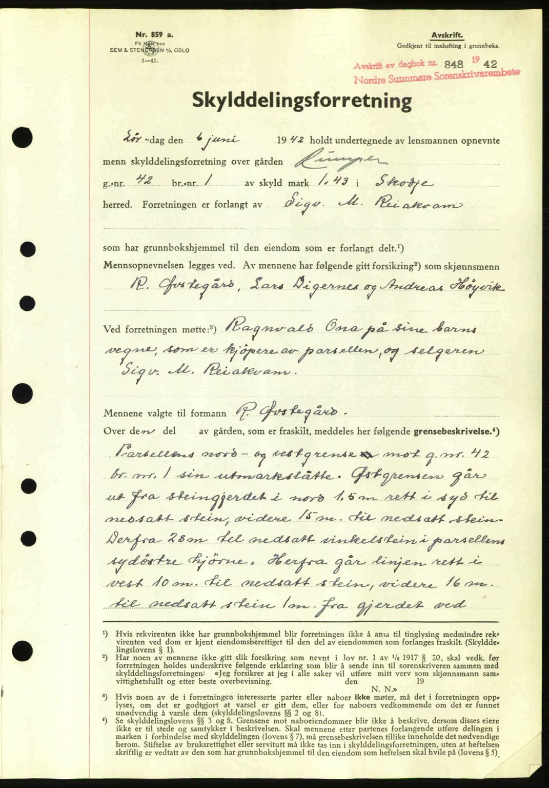 Nordre Sunnmøre sorenskriveri, AV/SAT-A-0006/1/2/2C/2Ca: Mortgage book no. A13, 1942-1942, Diary no: : 848/1942