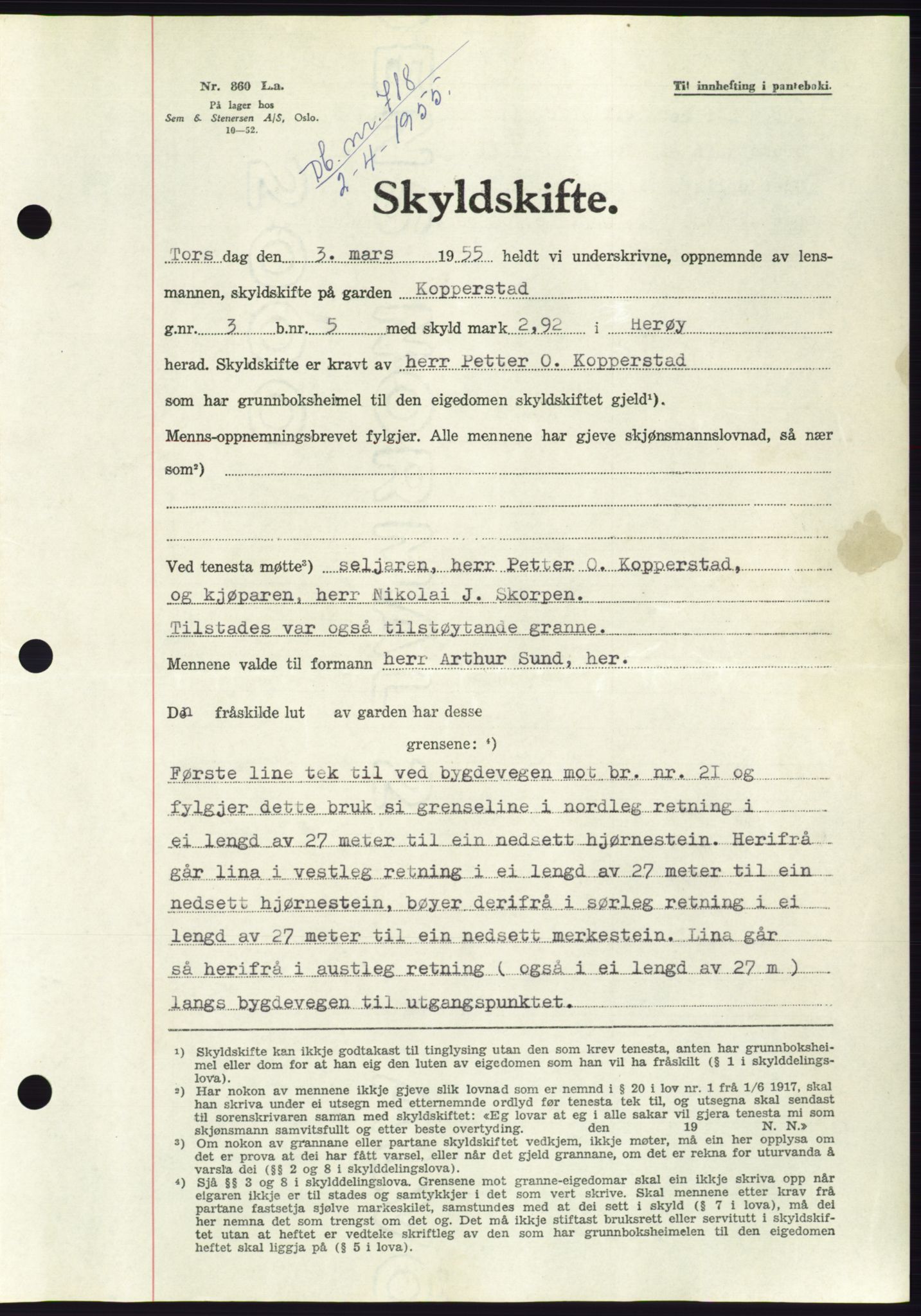 Søre Sunnmøre sorenskriveri, AV/SAT-A-4122/1/2/2C/L0100: Mortgage book no. 26A, 1954-1955, Diary no: : 718/1955