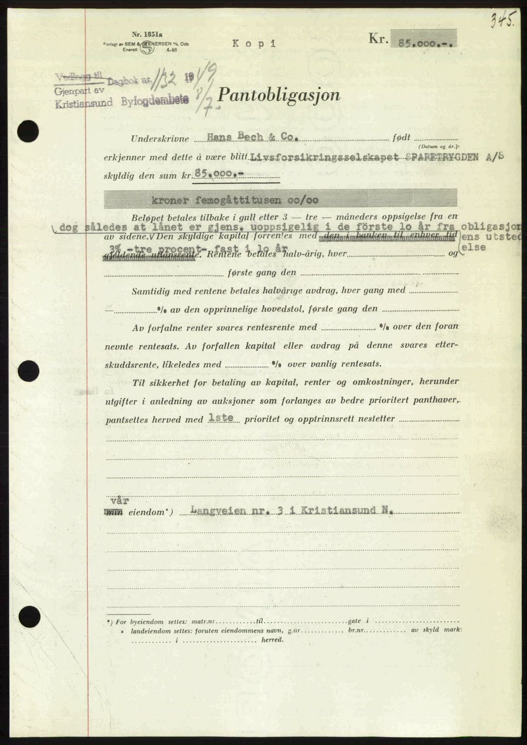 Kristiansund byfogd, AV/SAT-A-4587/A/27: Mortgage book no. 45, 1948-1949, Diary no: : 1132/1949