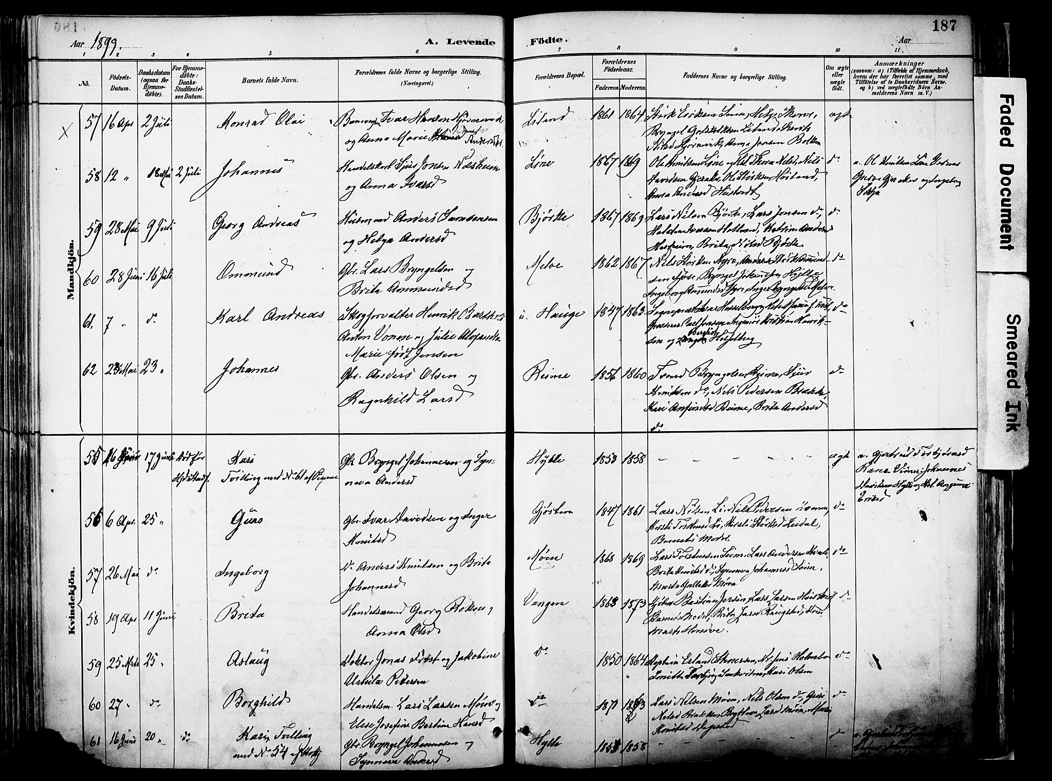 Voss sokneprestembete, SAB/A-79001/H/Haa: Parish register (official) no. A 21, 1887-1903, p. 187