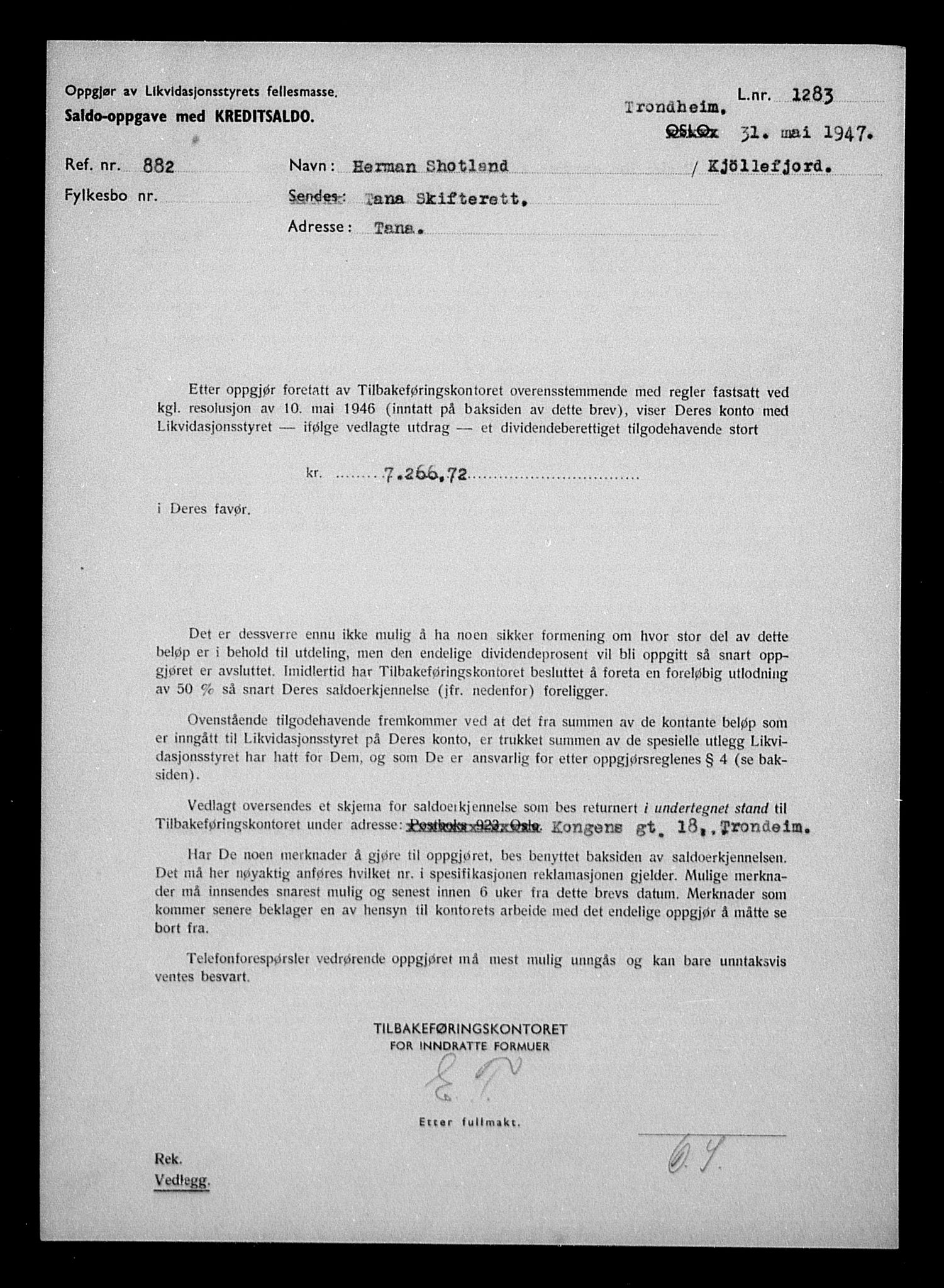 Justisdepartementet, Tilbakeføringskontoret for inndratte formuer, AV/RA-S-1564/H/Hc/Hcb/L0915: --, 1945-1947, p. 508