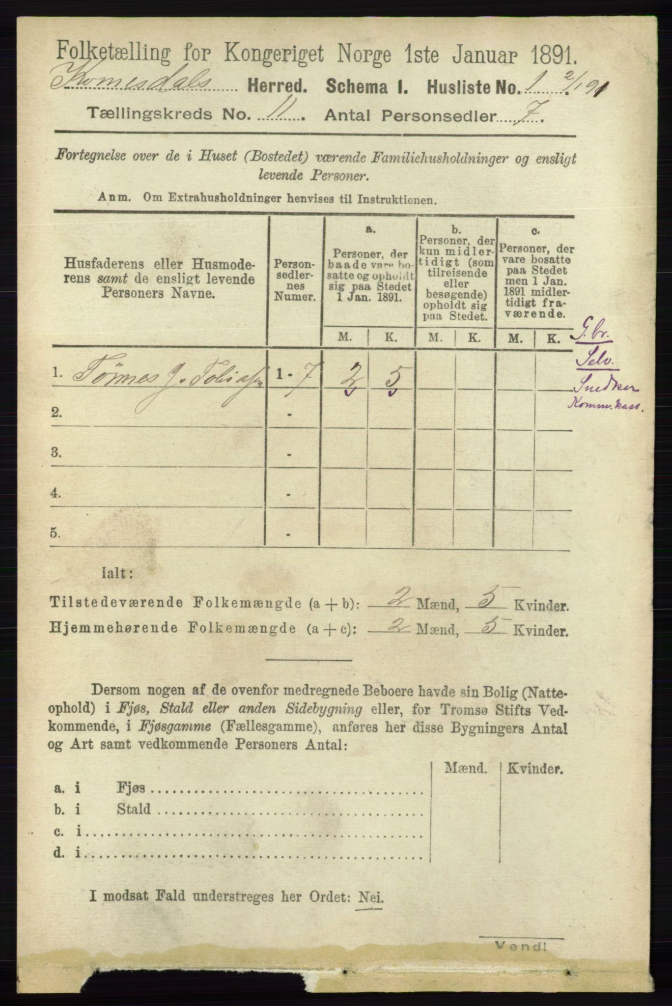 RA, 1891 census for 1037 Kvinesdal, 1891, p. 4392