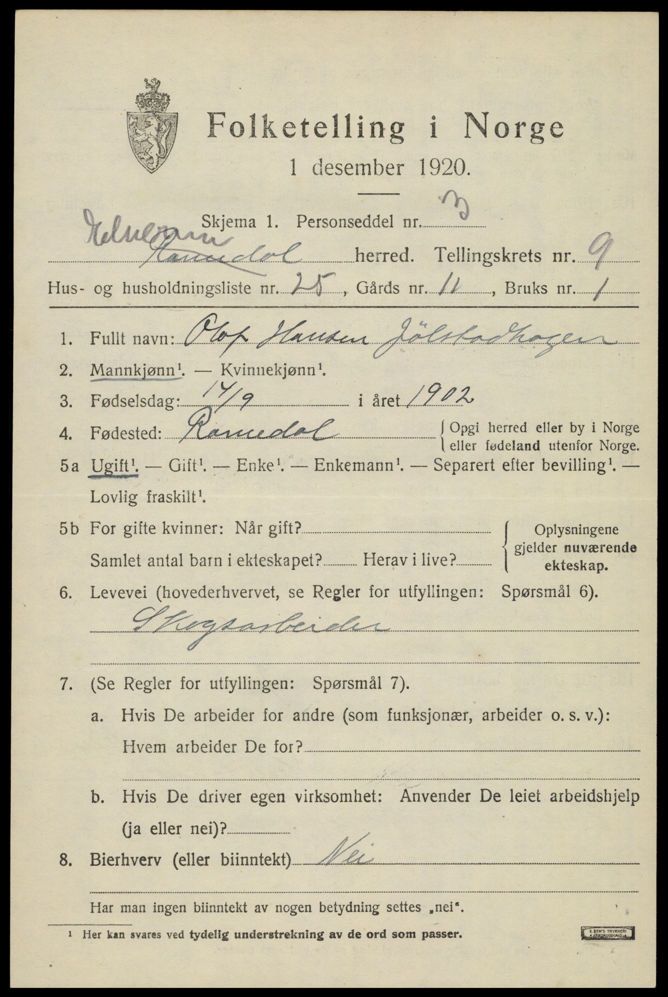 SAH, 1920 census for Elverum, 1920, p. 15832