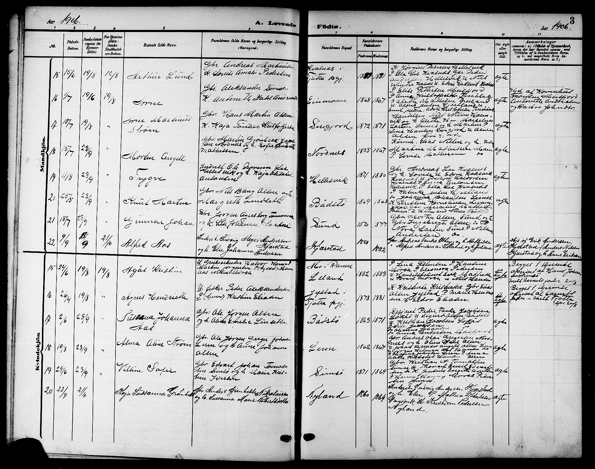 Ministerialprotokoller, klokkerbøker og fødselsregistre - Nordland, SAT/A-1459/832/L0494: Parish register (copy) no. 832C01, 1906-1922, p. 3