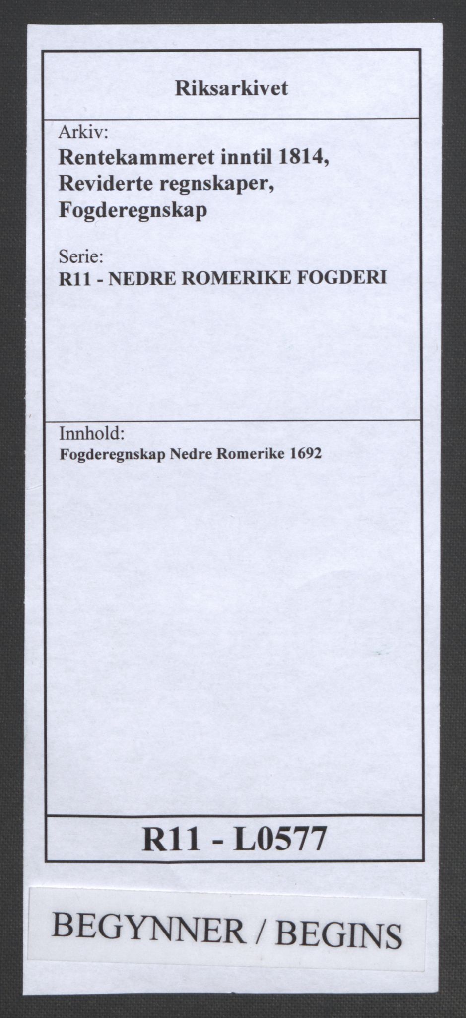 Rentekammeret inntil 1814, Reviderte regnskaper, Fogderegnskap, RA/EA-4092/R11/L0577: Fogderegnskap Nedre Romerike, 1692, p. 1