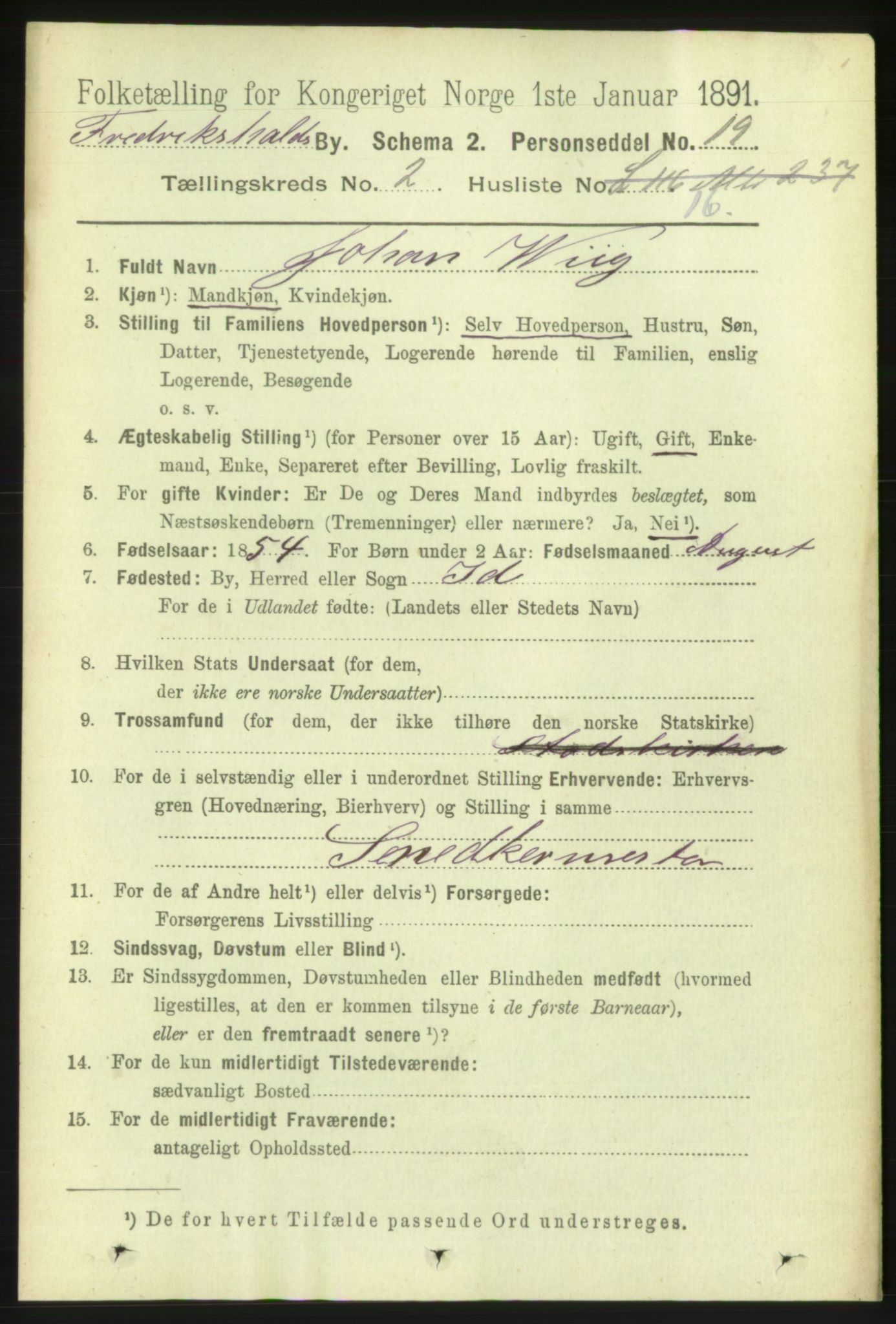 RA, 1891 census for 0101 Fredrikshald, 1891, p. 2838