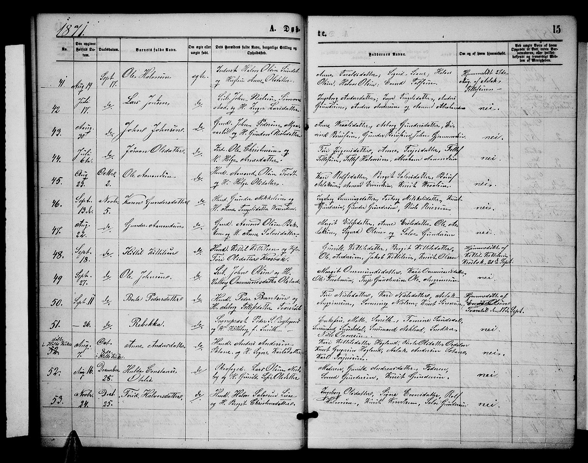 Åmli sokneprestkontor, SAK/1111-0050/F/Fb/Fbc/L0003: Parish register (copy) no. B 3, 1868-1888, p. 15