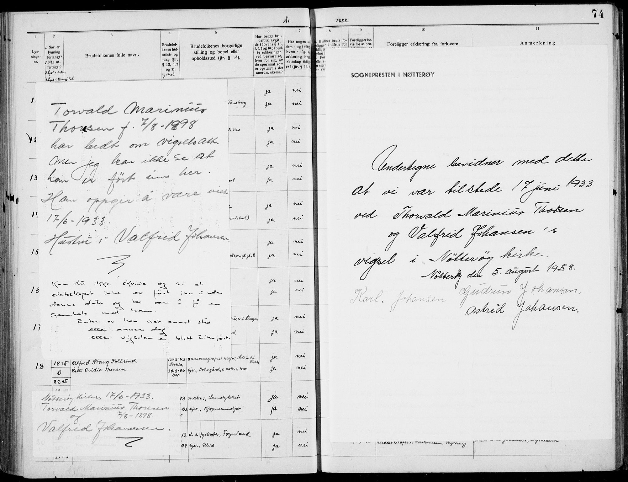 Nøtterøy kirkebøker, AV/SAKO-A-354/H/Ha/L0001: Banns register no. 1, 1919-1937, p. 74