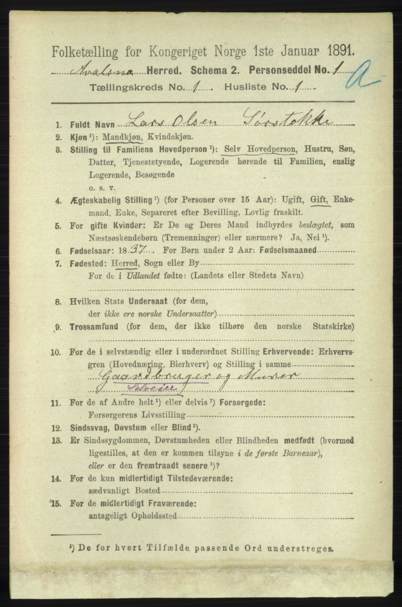 RA, 1891 census for 1147 Avaldsnes, 1891, p. 169