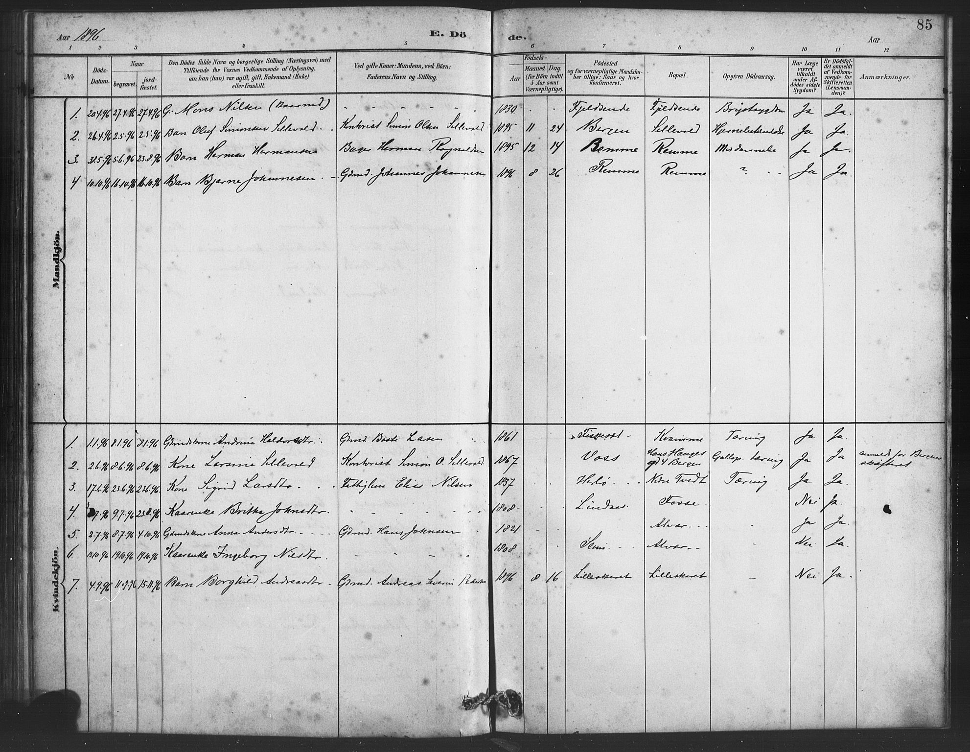 Alversund Sokneprestembete, AV/SAB-A-73901/H/Ha/Haa/Haaa/L0001: Parish register (official) no. A 1, 1882-1896, p. 85