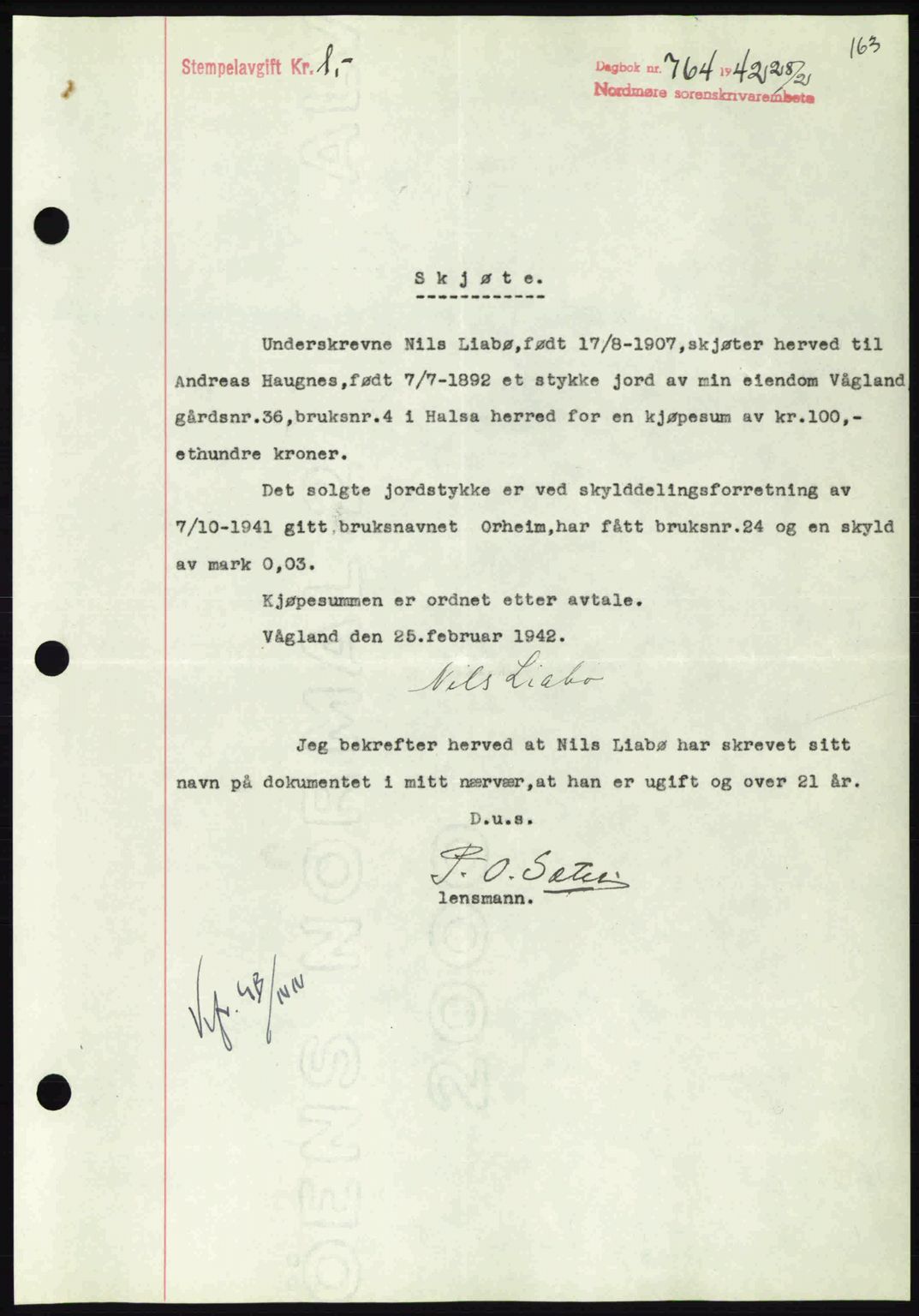 Nordmøre sorenskriveri, AV/SAT-A-4132/1/2/2Ca: Mortgage book no. A92, 1942-1942, Diary no: : 764/1942