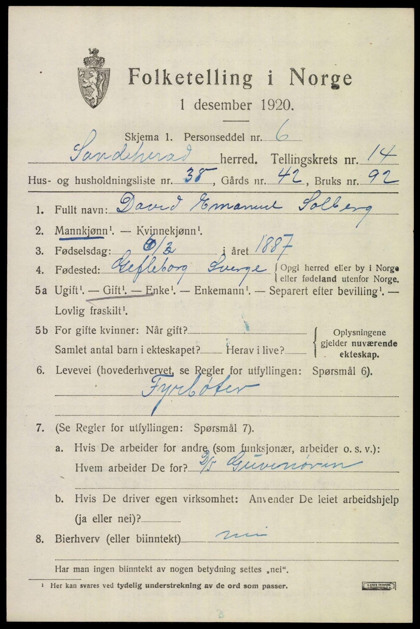 SAKO, 1920 census for Sandeherred, 1920, p. 20708