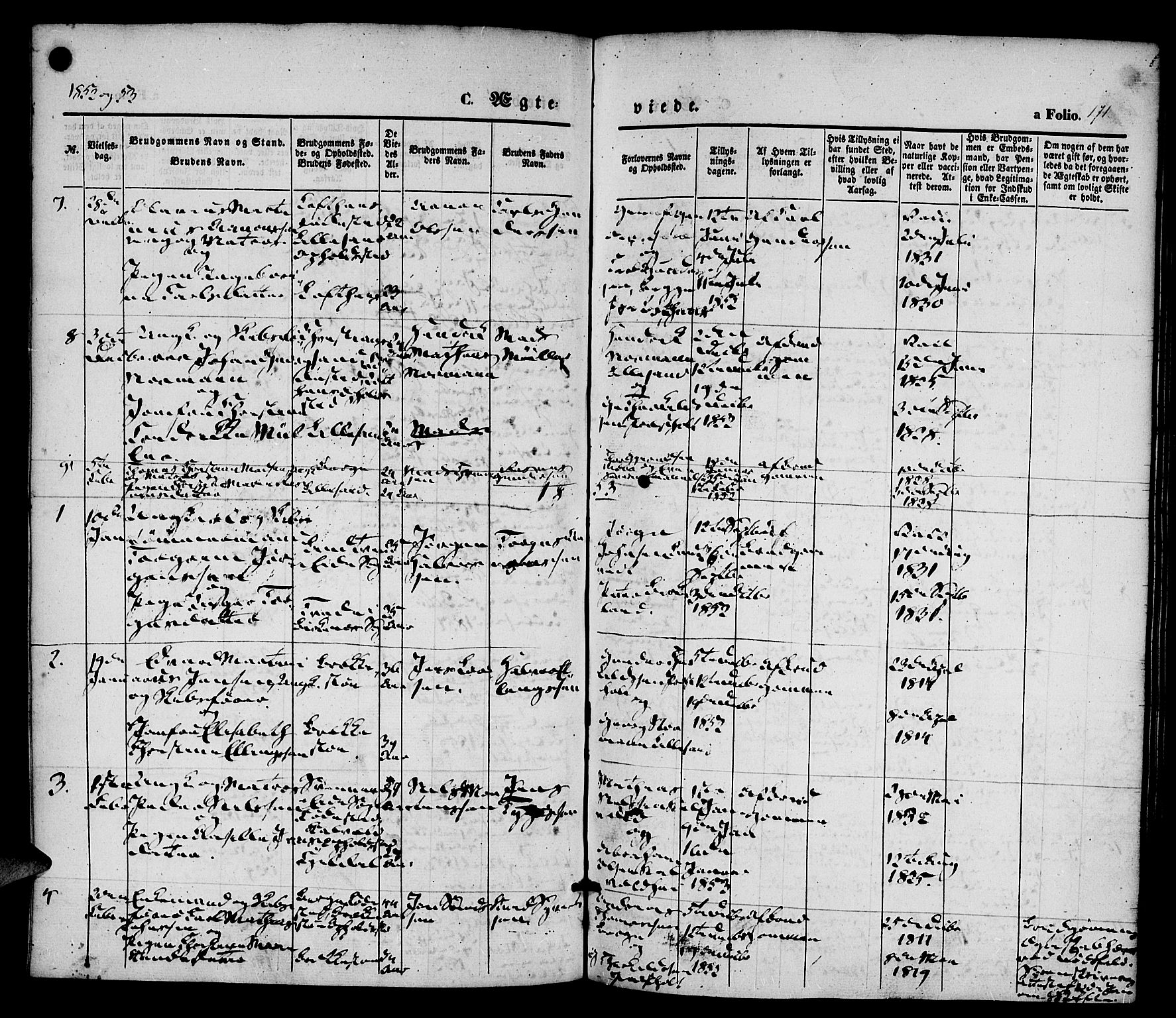 Vestre Moland sokneprestkontor, SAK/1111-0046/F/Fa/Fab/L0006: Parish register (official) no. A 6, 1850-1858, p. 171