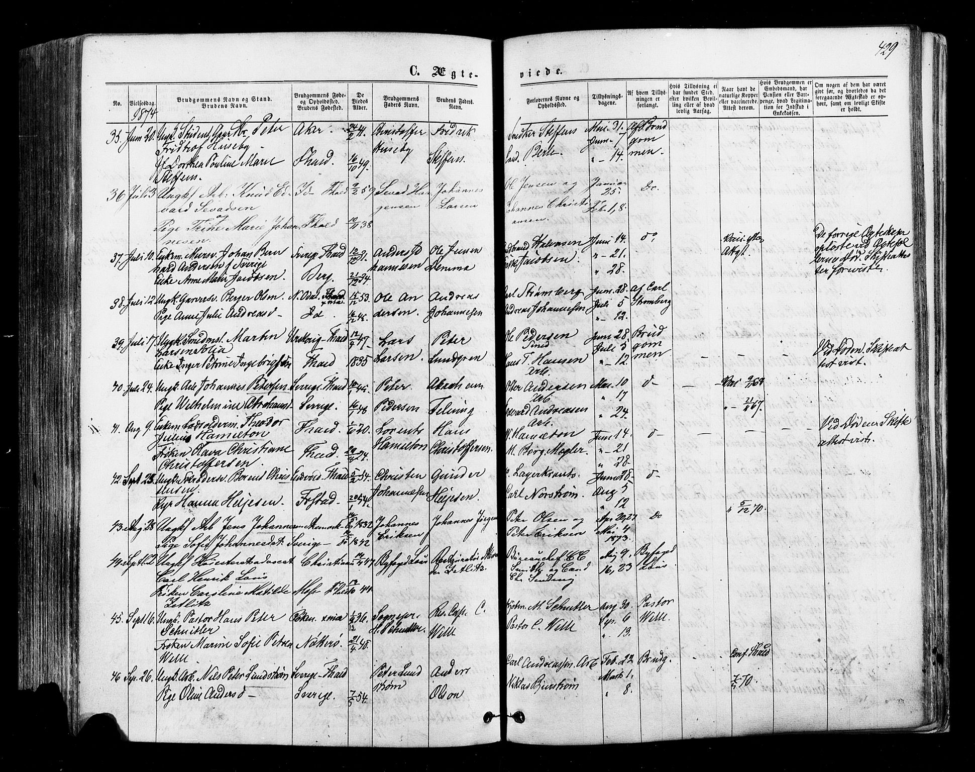 Halden prestekontor Kirkebøker, AV/SAO-A-10909/F/Fa/L0009: Parish register (official) no. I 9, 1866-1877, p. 429