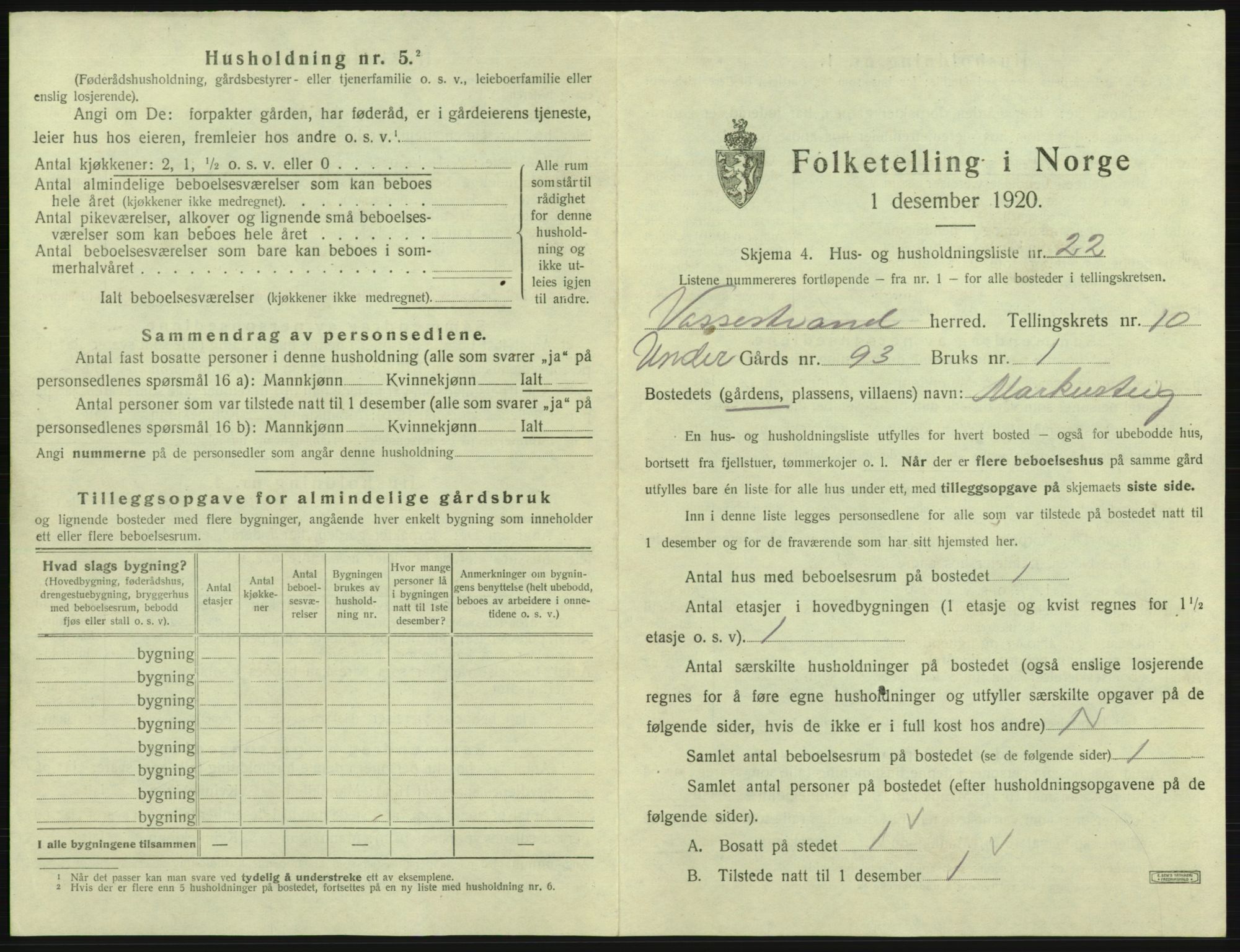 SAB, 1920 census for Vossestrand, 1920, p. 702