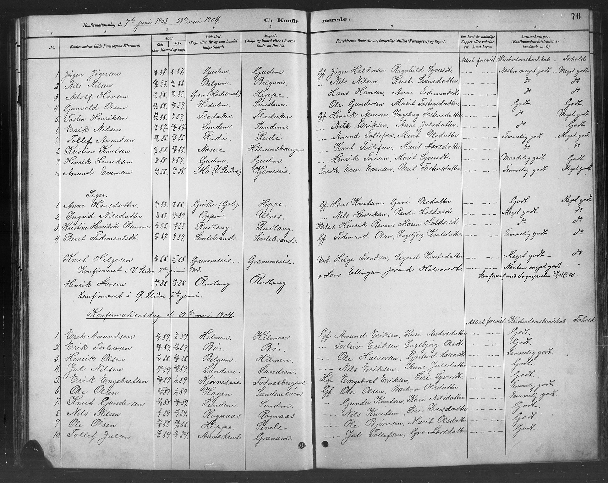 Nord-Aurdal prestekontor, SAH/PREST-132/H/Ha/Hab/L0008: Parish register (copy) no. 8, 1883-1916, p. 76