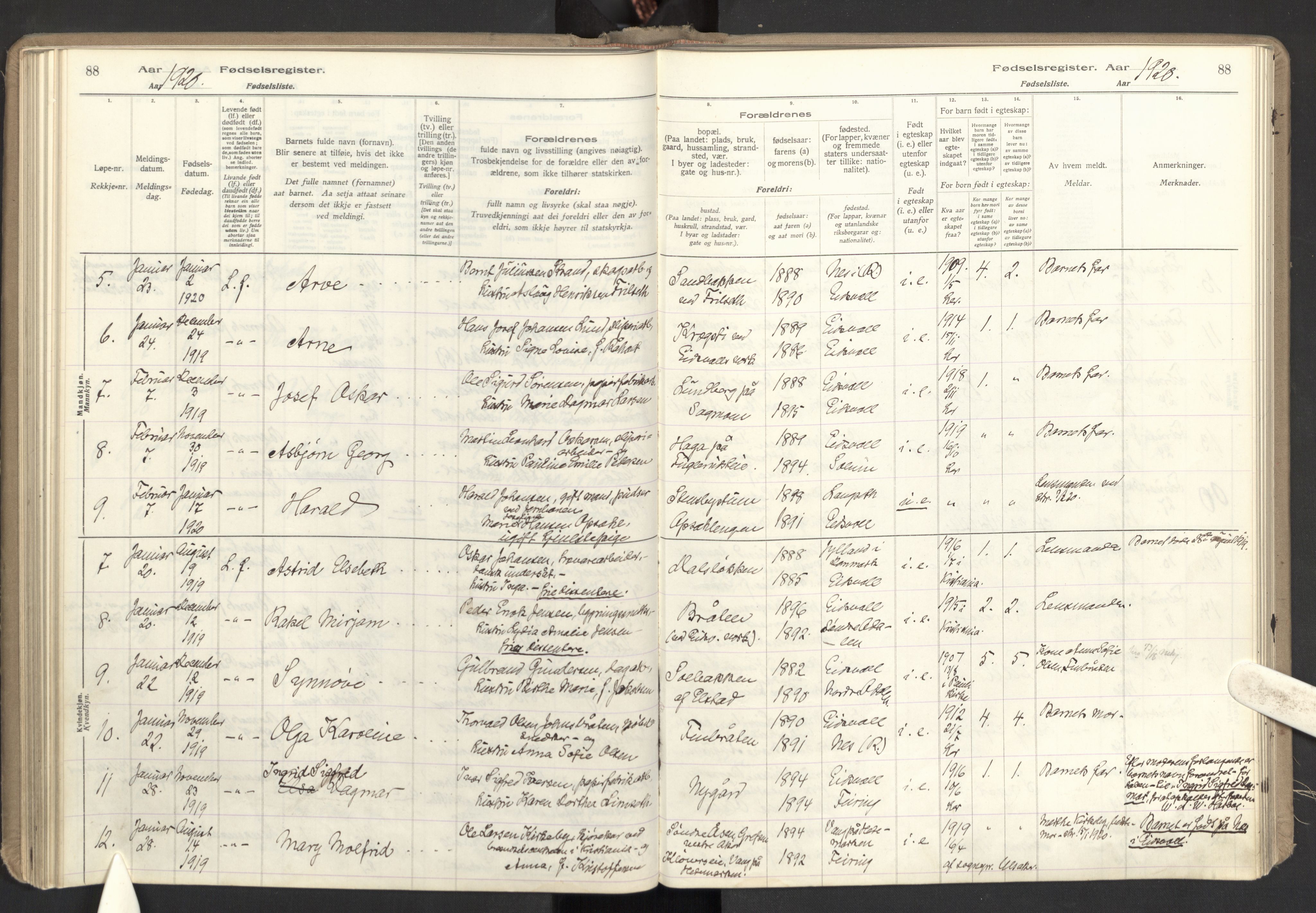 Eidsvoll prestekontor Kirkebøker, SAO/A-10888: Birth register no. I 1, 1916-1924, p. 88