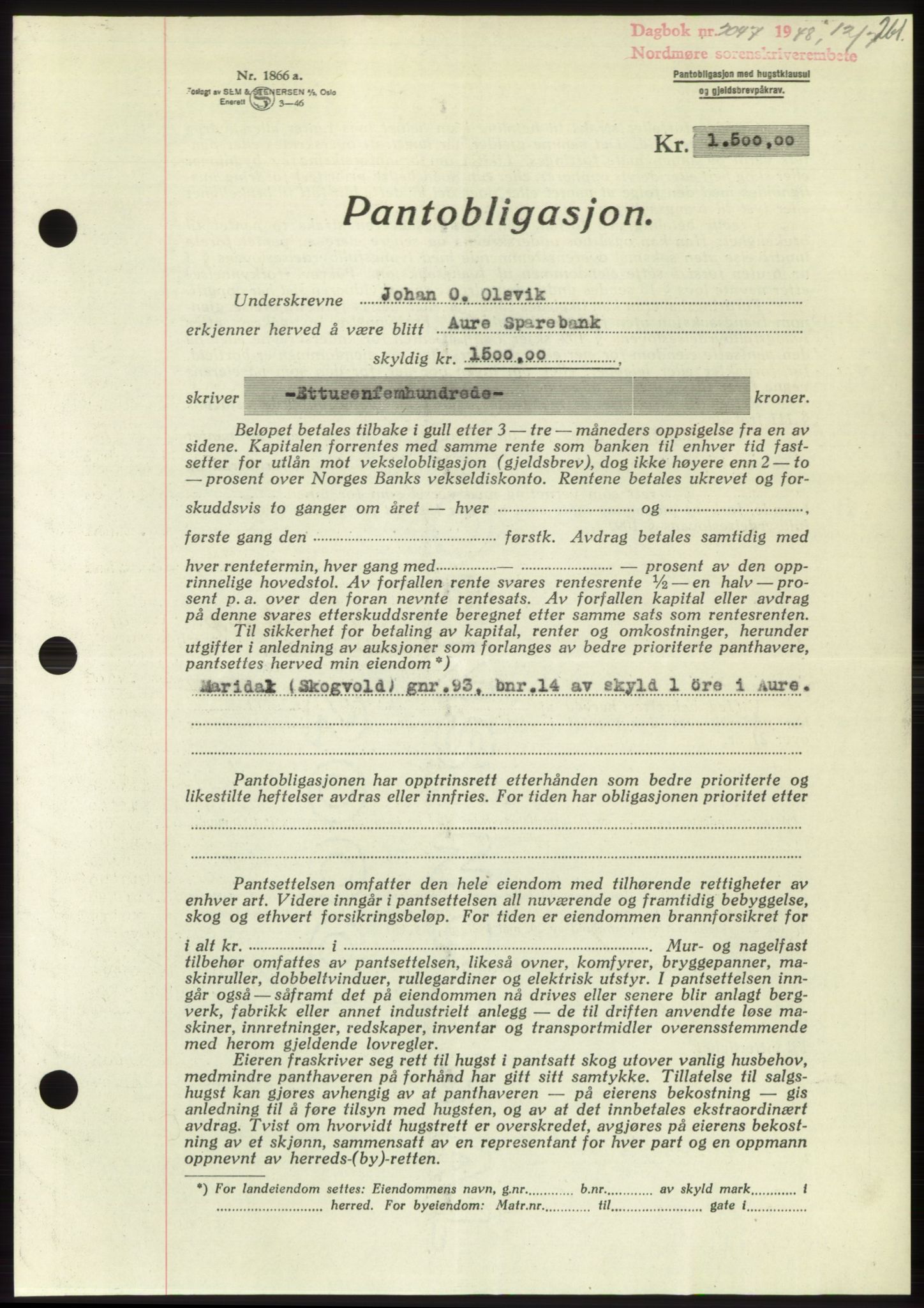 Nordmøre sorenskriveri, AV/SAT-A-4132/1/2/2Ca: Mortgage book no. B99, 1948-1948, Diary no: : 2047/1948