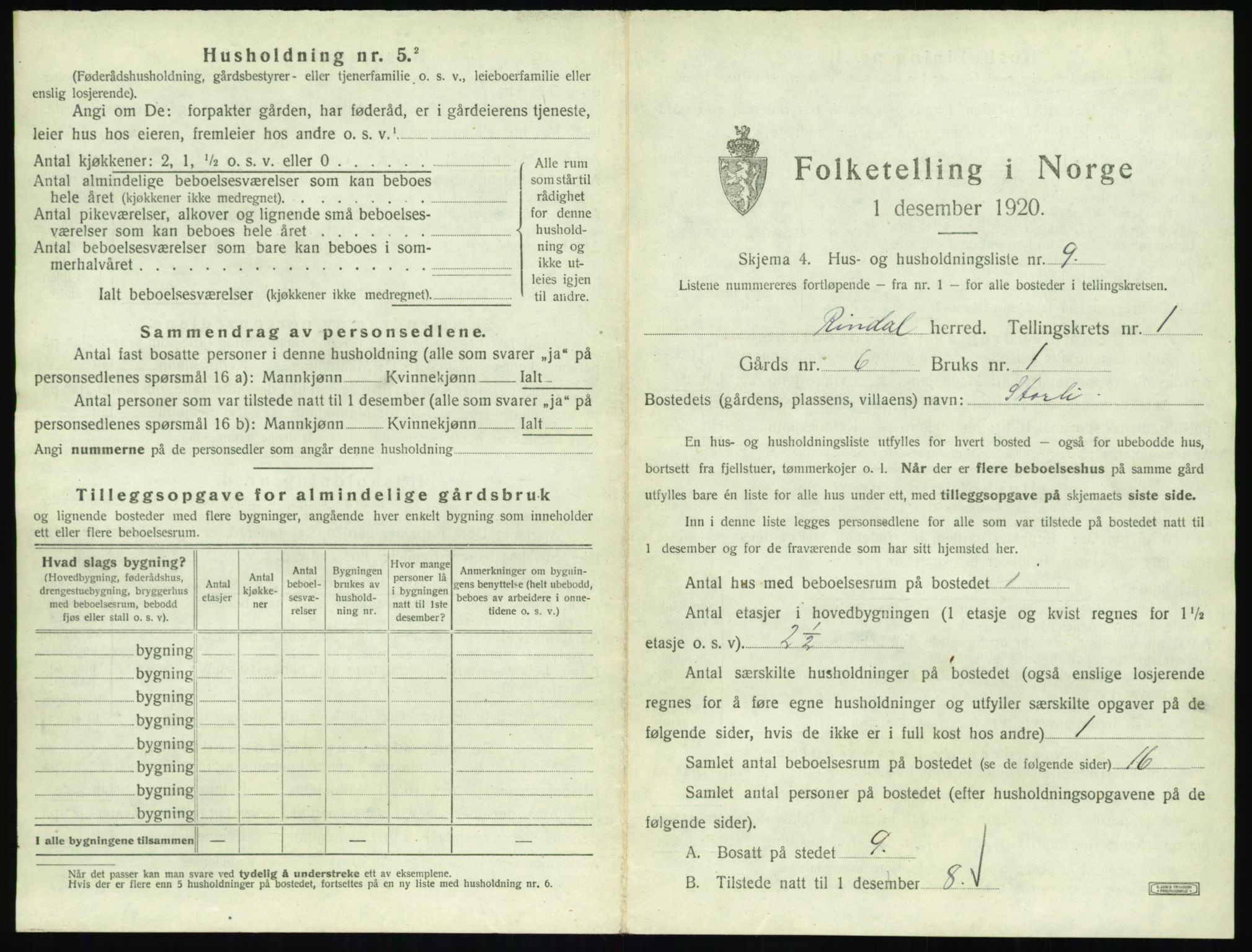 SAT, 1920 census for Rindal, 1920, p. 56